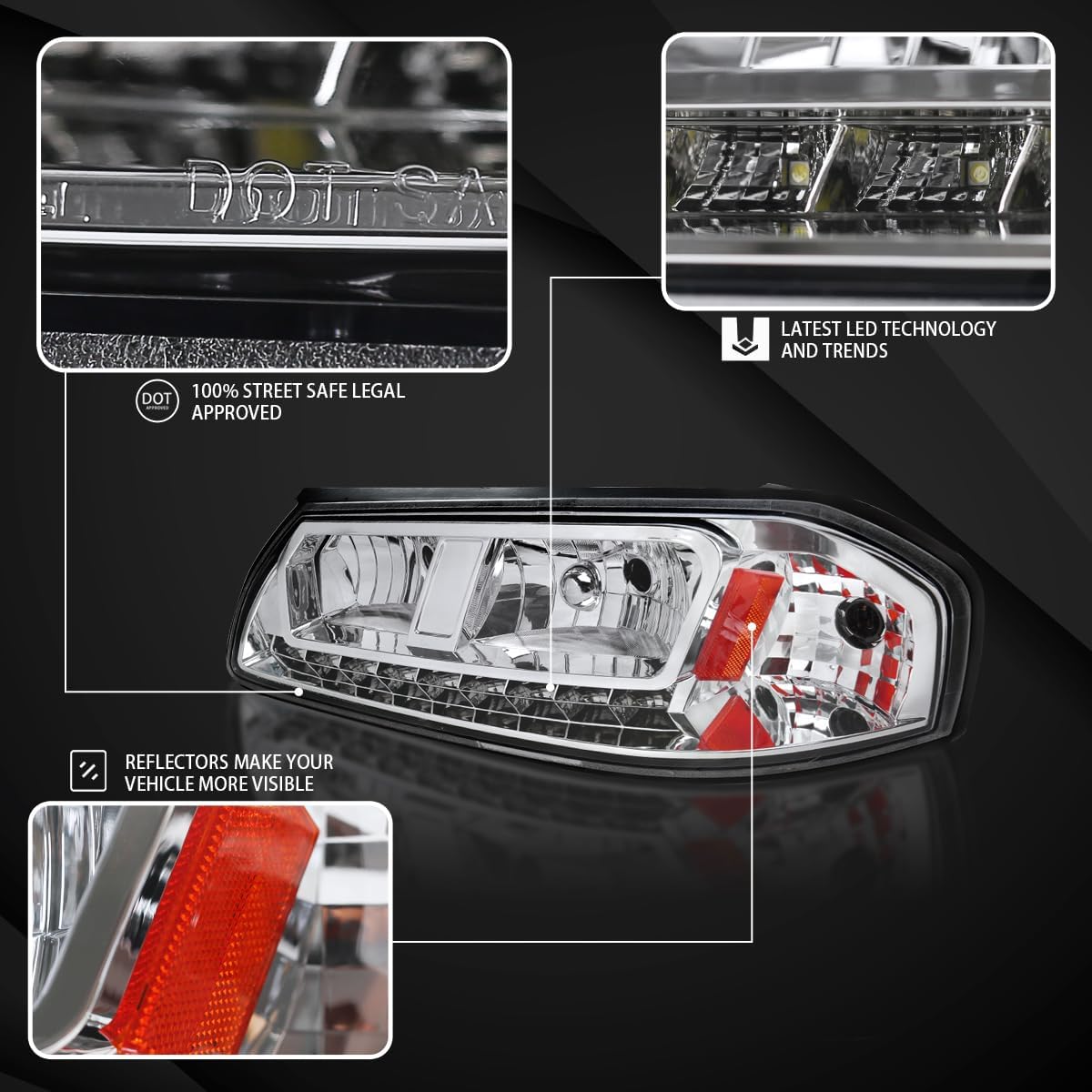 Autozensation Compatible with 2000-2005 Chevy Impala Chrome Housing Clear Lens LED SMD Headlights L + R Pair Headlamp