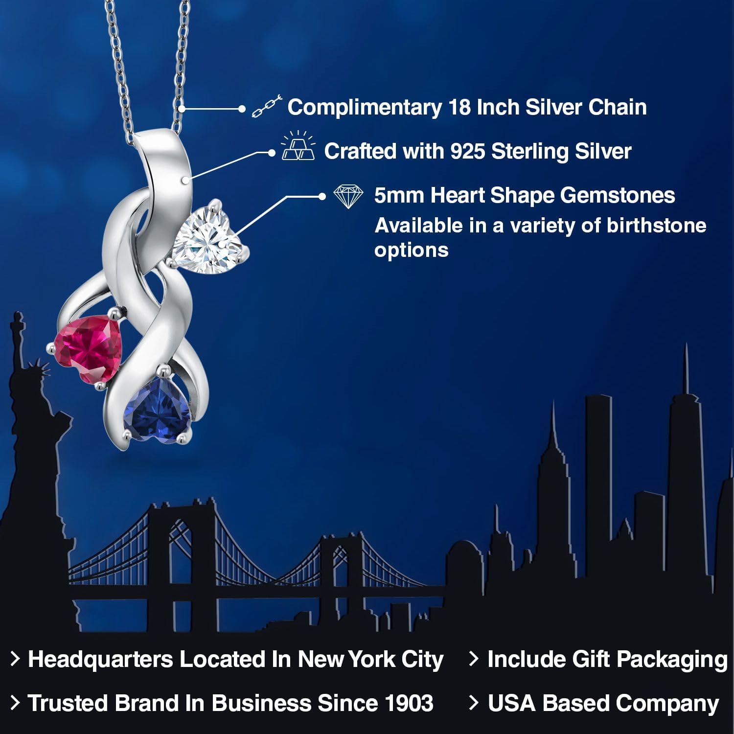 Gem Stone King 1.52 Cttw White Moissanite Red Created Ruby and Blue Created Sapphire 3-Stone Pendant For Women | 925 Sterling Silver | Heart Shape 5MM | With 18 Inch Silver Chain - Image 2