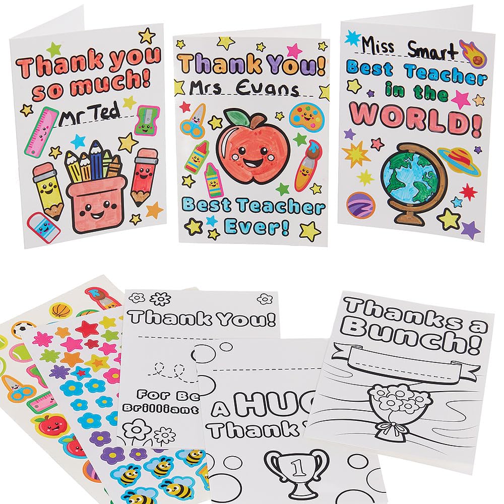 Baker Ross VC183 Thank You Teacher Card Kits - Pack of 6, Colour-in Teacher Thank You Cards