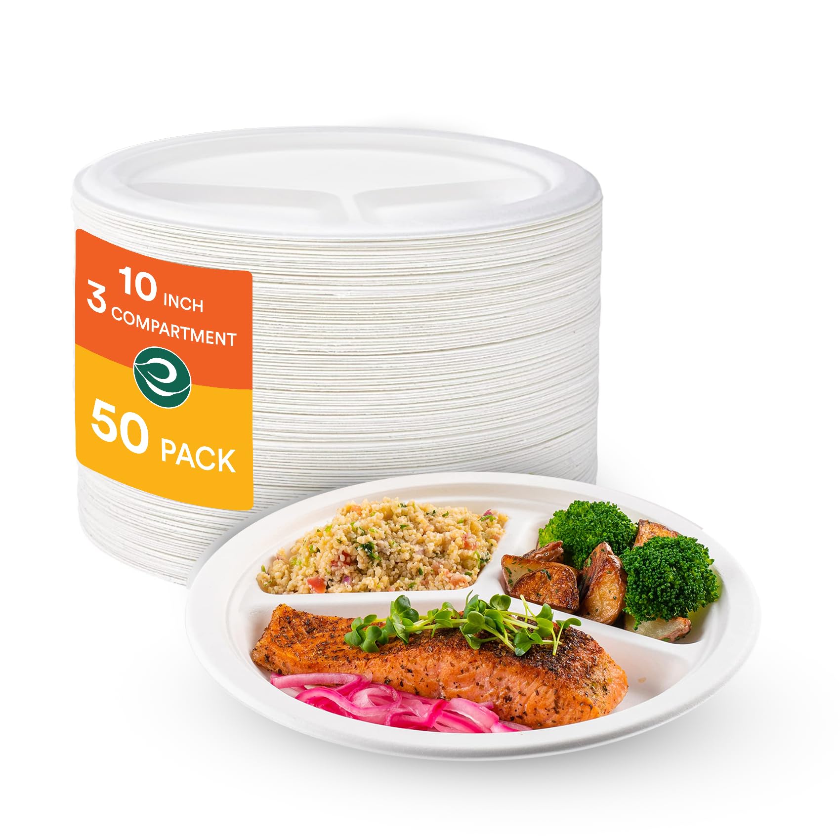 ECO SOUL [10 inch, 50 Pack, 3-Compartment Disposable Bagasse Plates Eco-Friendly, Biodegradable, Sugarcane Paper Plates for Serving Snacks & Dinner Wedding & Party Round, White (25 cm)