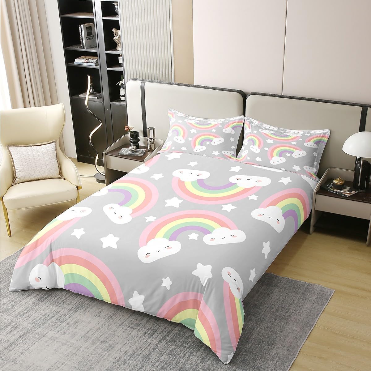Rainbow 100% Cotton Bedding Set White Clouds Stars Comforter Cover Set for Kids Teens Bedroom Decor Cartoon Rainbow Clouds Duvet Cover Breathable Full Size 3 PCS
