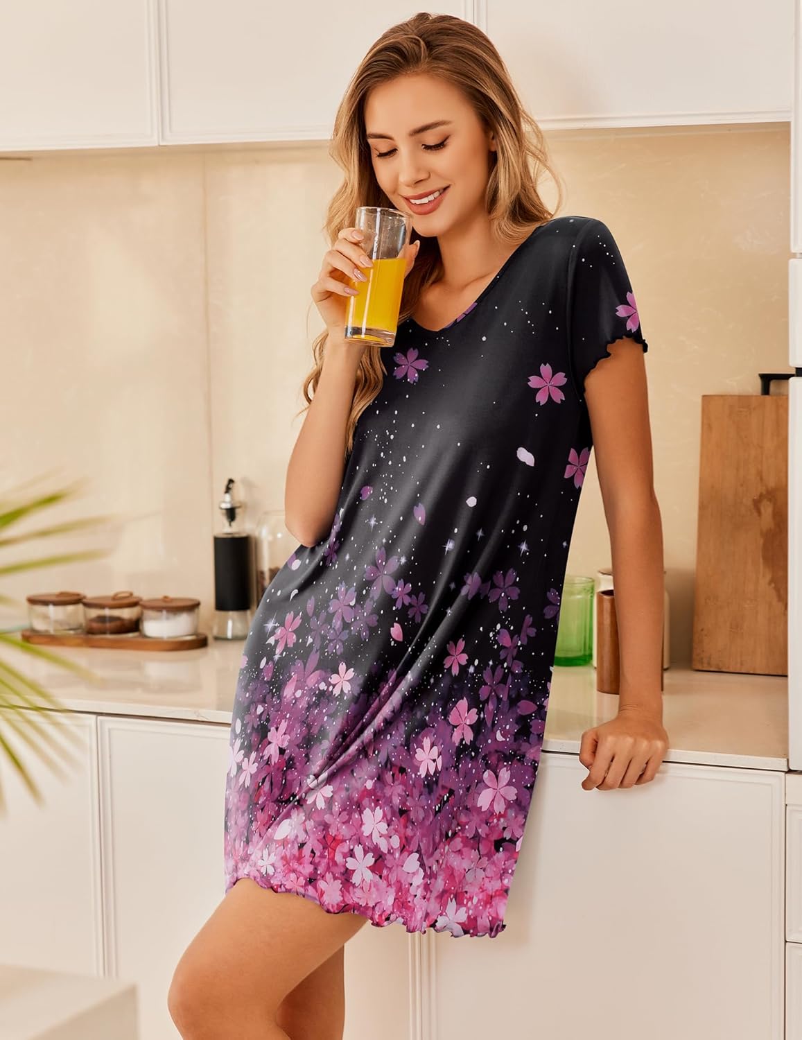 Ekouaer Nightgowns for Women Short Sleeve Sleepshirt V Neck Short Nightshirt Pullover Soft Ruffled Sleepwear S-XXXL - Image 4