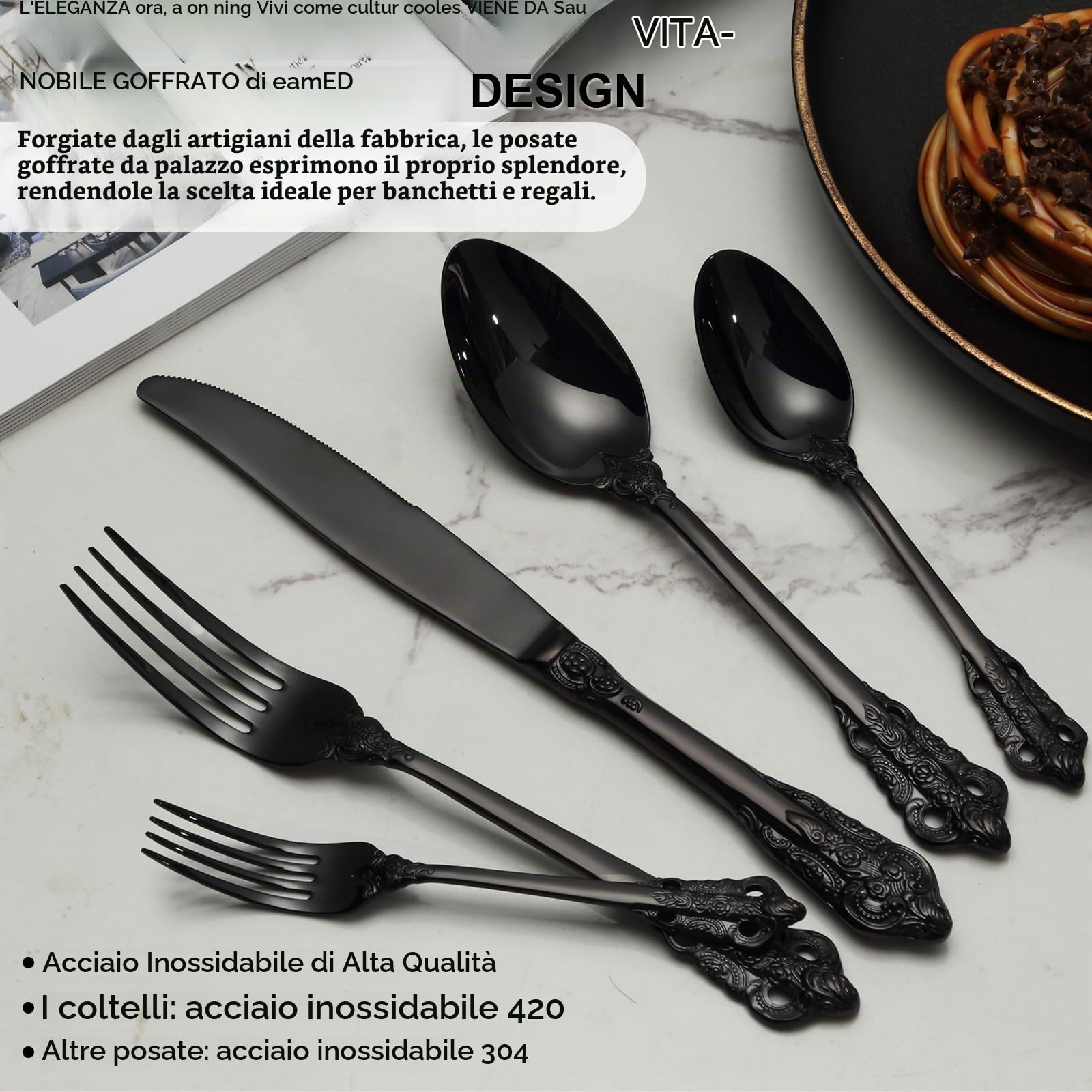 BEWOS Set Posate Palazzo d'Nere 30 Pezzi, Posate Acciaio Inox, Manici in Rilievo, Posate per Famiglia e Banchetti, Confezionati in Regalo, Lavabili in Lavastoviglie