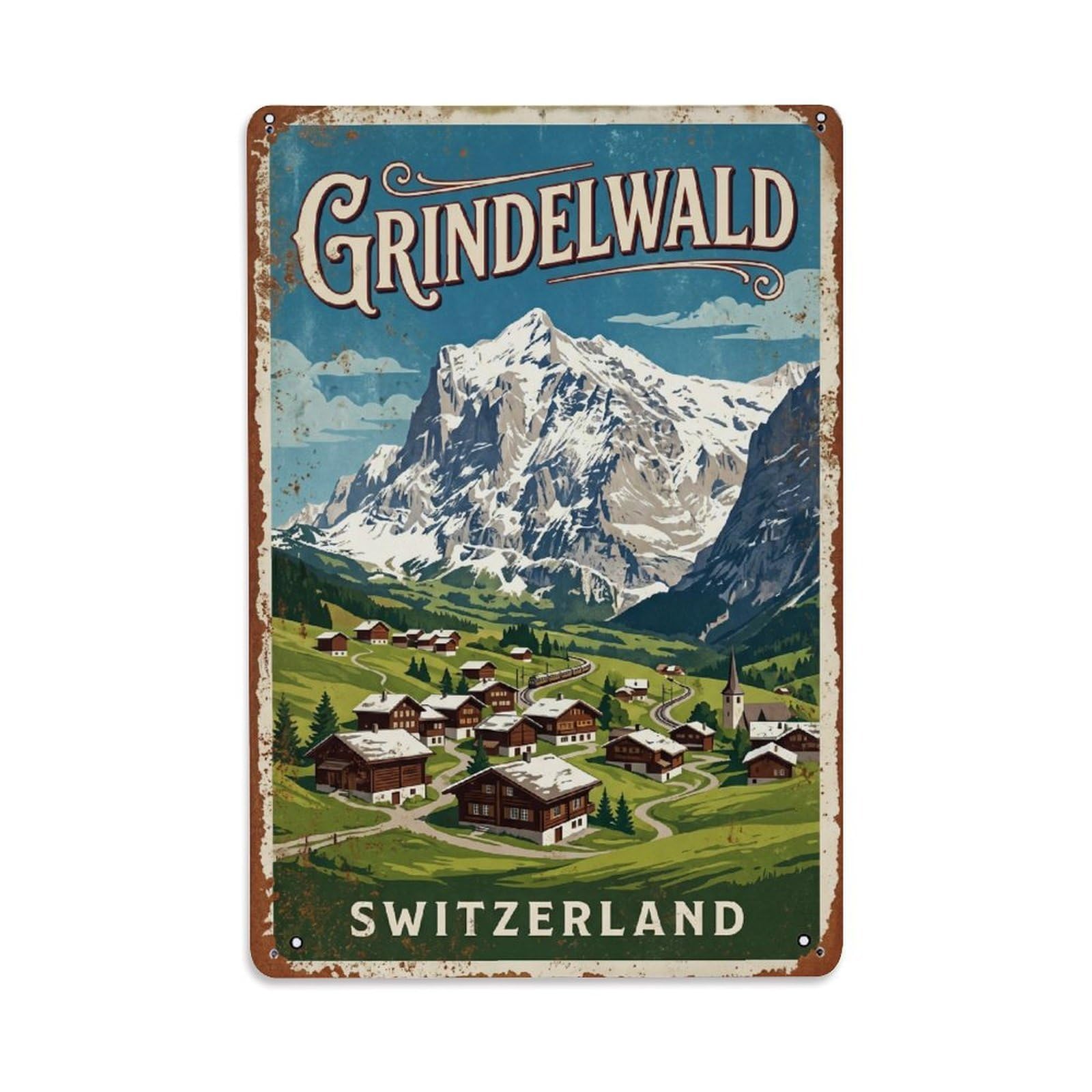 Vintage Travel Grindelwald Switzerland Metal Tin Sign Wall Decor for Cafe, Club, Garden Metal Poster 8x12Inch