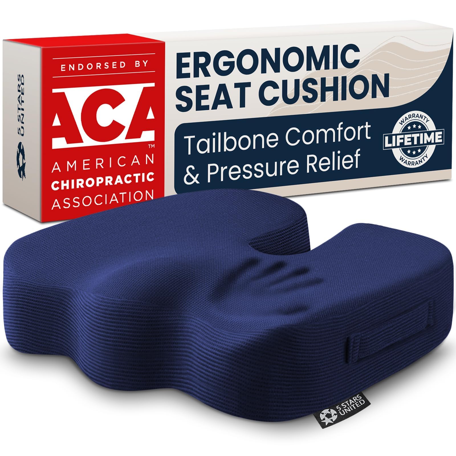 5 STARS UNITED Seat Cushion - Memory Foam Chair Pad for Tailbone Pain Relief - Ergonomic Support for Coccyx, Sciatica &amp; Butt - Office, Desk &amp; Gaming Chair, Car Seat, Wheelchair, Airplane, Blue