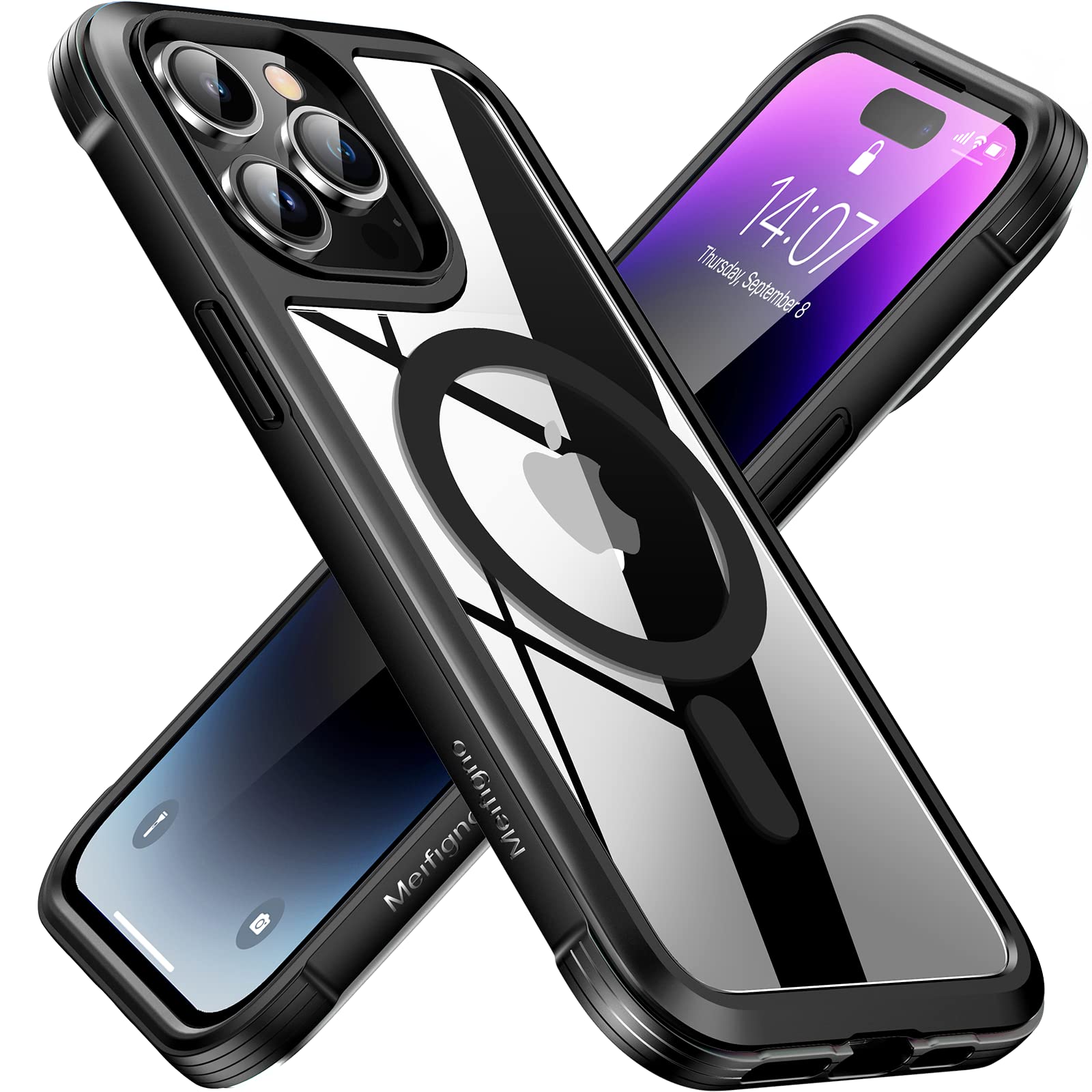 Meifigno Rainbow Series for iPhone 14 Pro Max Case Magnetic, [Compatible with MagSafe & 3X Military Grade Drop Protection] Clear Back Aluminum Frame Phone Case for iPhone 14 Pro Max, Black