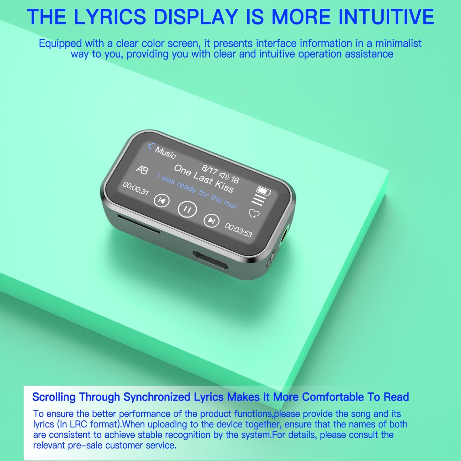 Jectse Reproductor de MP3 de 32 GB con Bluetooth, Reproductores de MP3 Portátiles con Clip de Retroceso, Pantalla Táctil Completa de 1.47 Pulgadas, Reproductor de Música sin Pérdida de