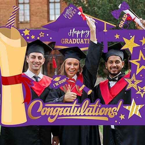 Miniatura 6 de Decoraciones de fiesta de graduación moradas y doradas 2023, marco grande de cabina de fotos de felicitación púrpura con 9 piezas de accesorios de