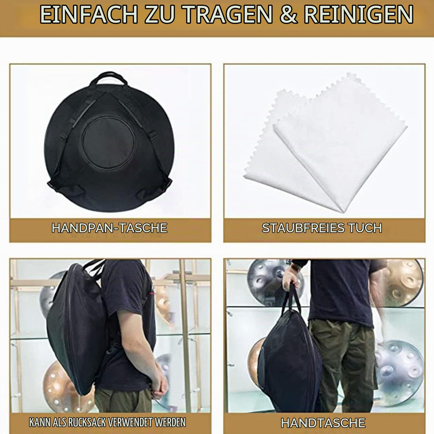 Handpan Drum 22 Zoll Schlaginstrument Handtrommel aus Stahl mit weicher Handpantasche, 2 Handpanschlägel, Handpanständer, fusselfreiem Tuch – 9/10/12 Noten (optional)