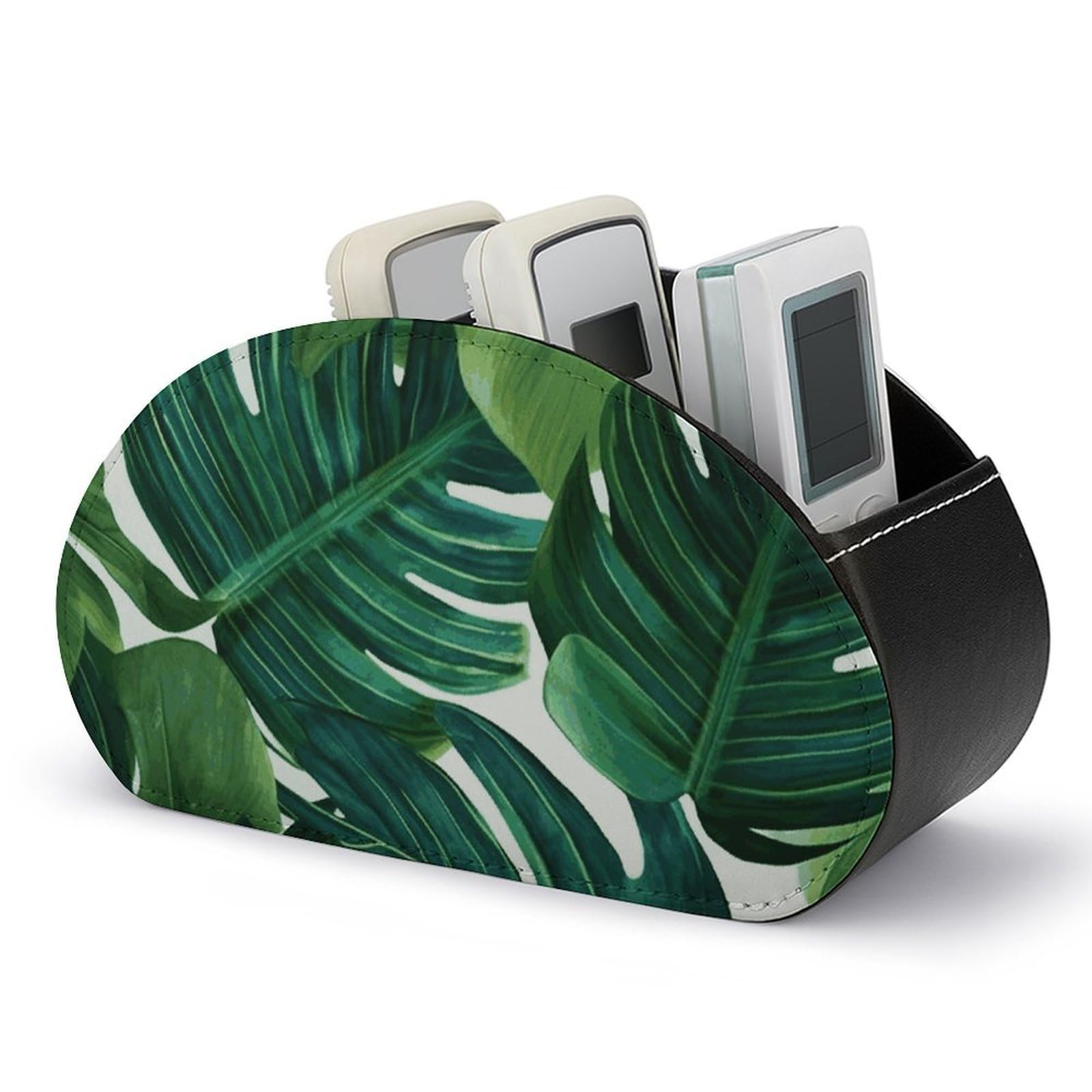 JTREHY - Banana Leaf Remote Control Stand with 5 Compartments PU Leather Multifunctional Computer Storage Box Bedside Tray