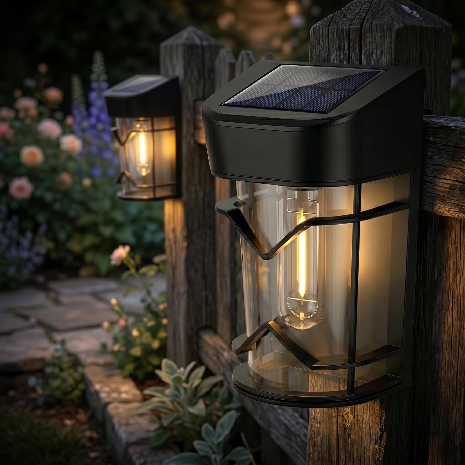 KEIY Solar Fence Lights Outdoor Garden, 2 Pack Solar Wall Lights Outdoor, IP65 Waterproof & Vintage Edison COB-Bulb Style, Wireless with Auto On/Off, 3000K Warm White, for Fence, Patio, Yard, Wall