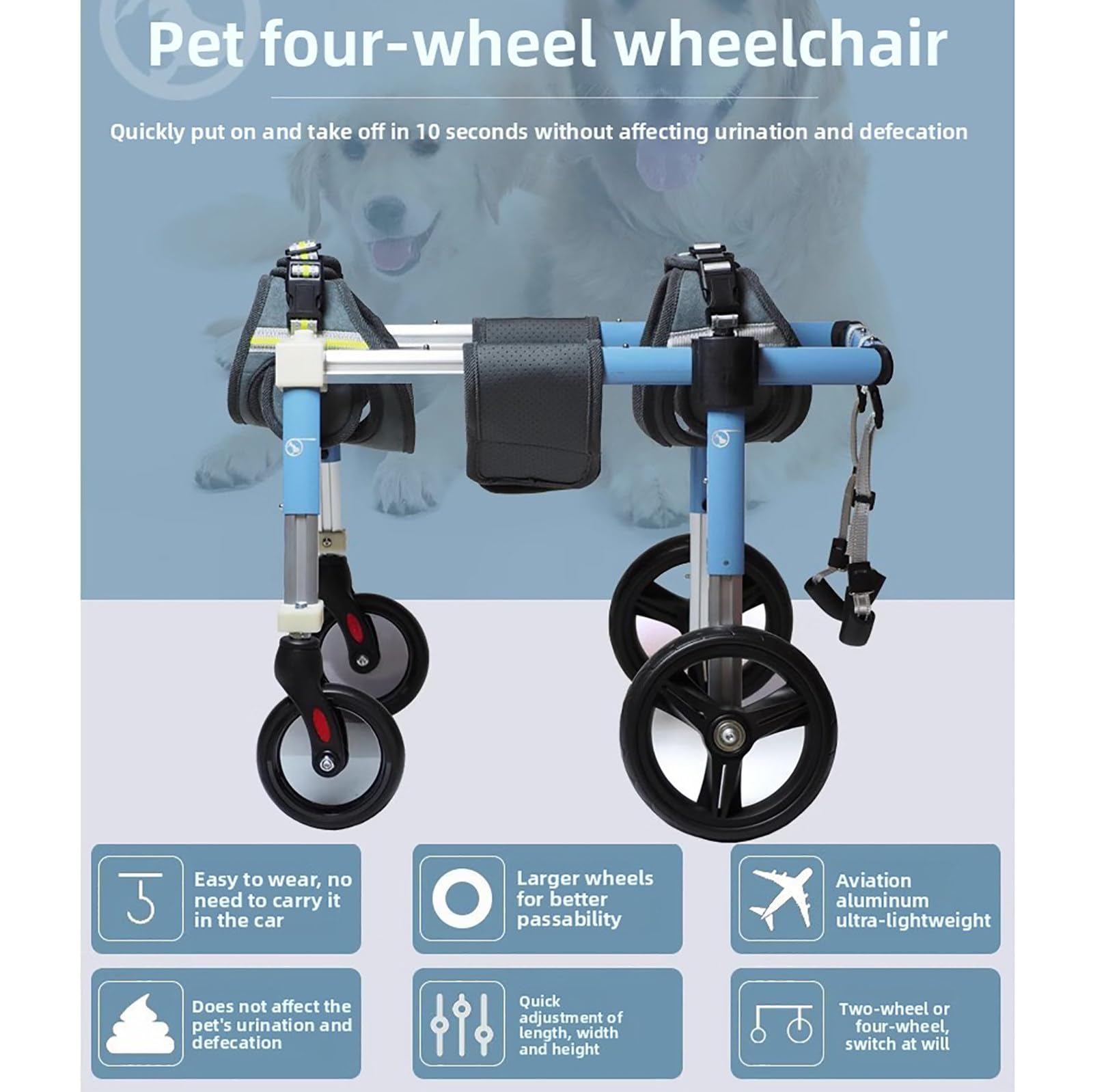 Silla de ruedas para perros discapacitados, soporte de ruedas ajustable 2 en 4, ayuda de movilidad para niños pequeños a grandes, equipo de rehabilitación de mascotas, mejora la movilidad