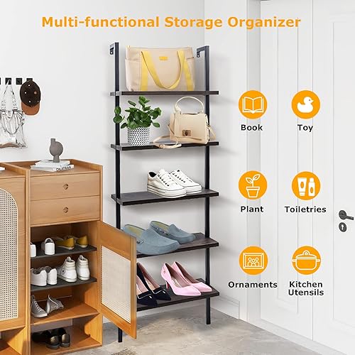 Miniatura 4 de Estantería de escalera de 5 niveles para montar en la pared, estantería de escalera con marco de metal y estante de madera, estantería de