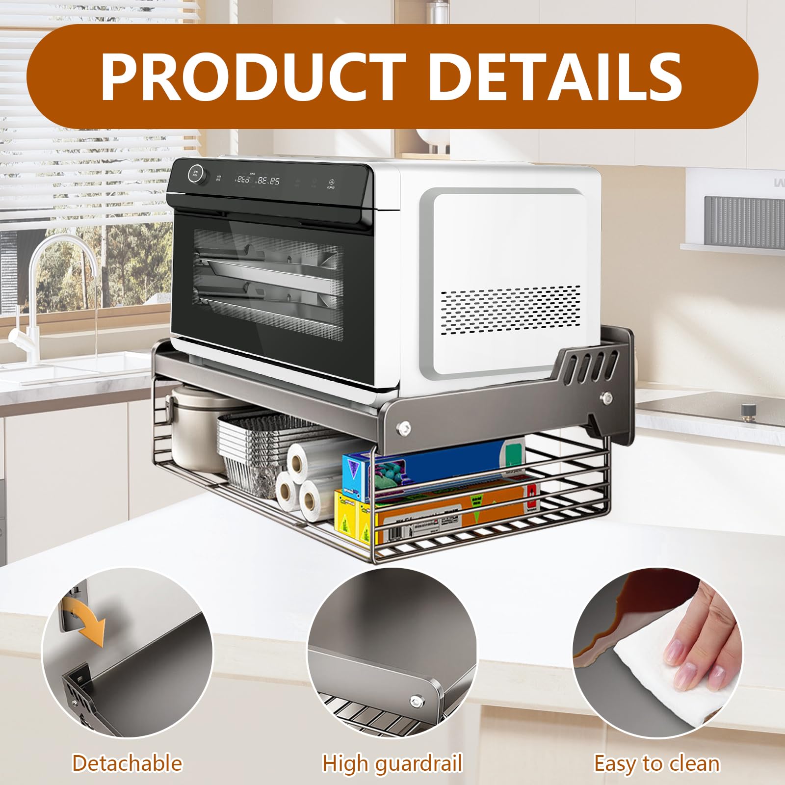 Mensola Microonde, Mensola Due Livelli Microonde da Parete con Cestino di Stoccaggio Supporto a Muro per Forno a Microonde, Ripiani Salvaspazio e Mobile Cucina