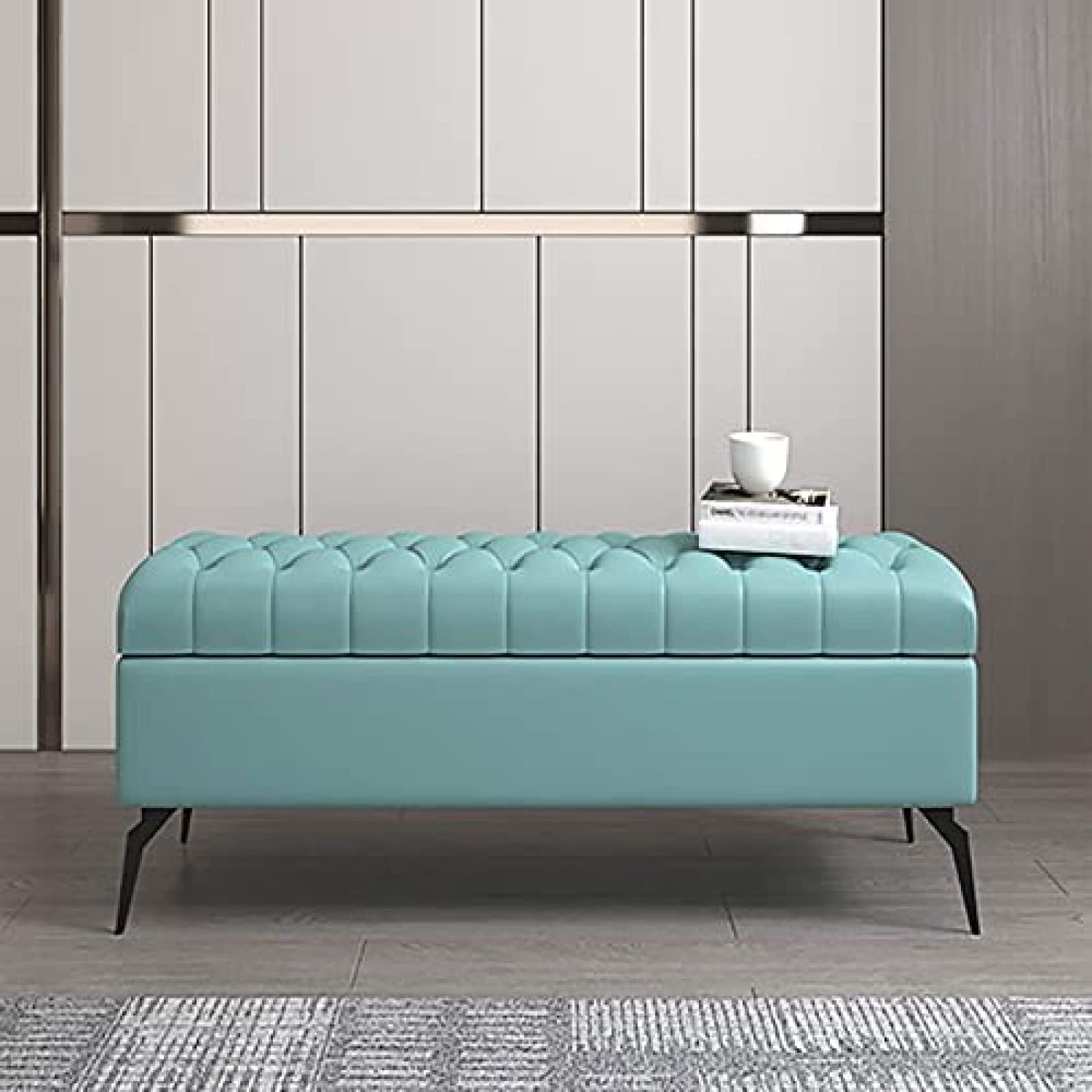 Banc ottoman de rangement bleu coffre en bois massif cuir 100x40x45cm pour salon
