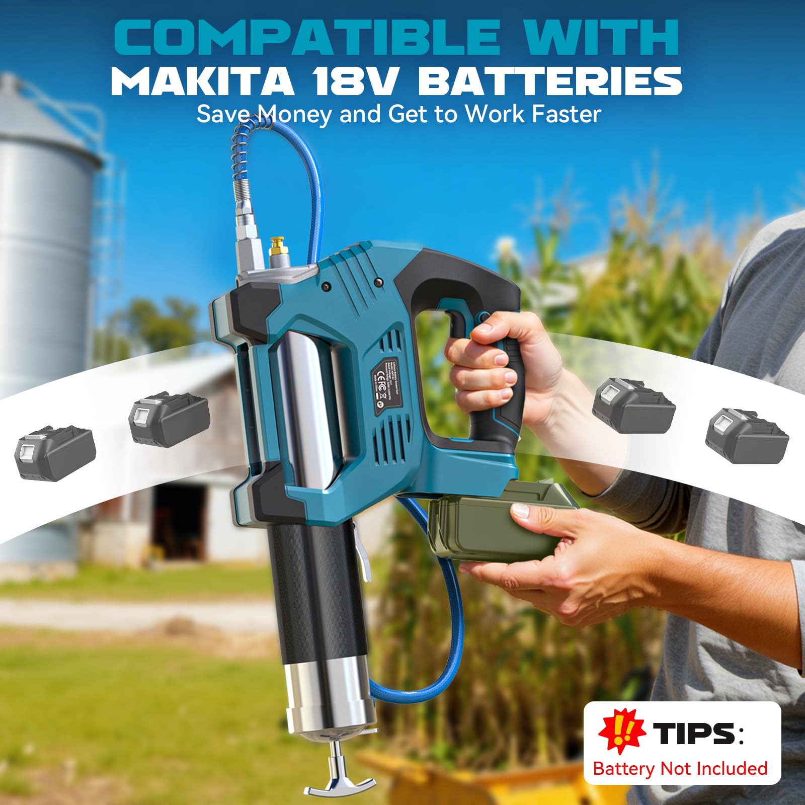 Ecarke Pistola per Grasso a Batteria 12.000 PSI Compatibile con Makita 18V, Motore Brushless, 3 velocità, Tubo Flessibile 1m, Adattatore 90°, Luce LED, Ideale per Macchinari Pesanti(Senza Batteria)
