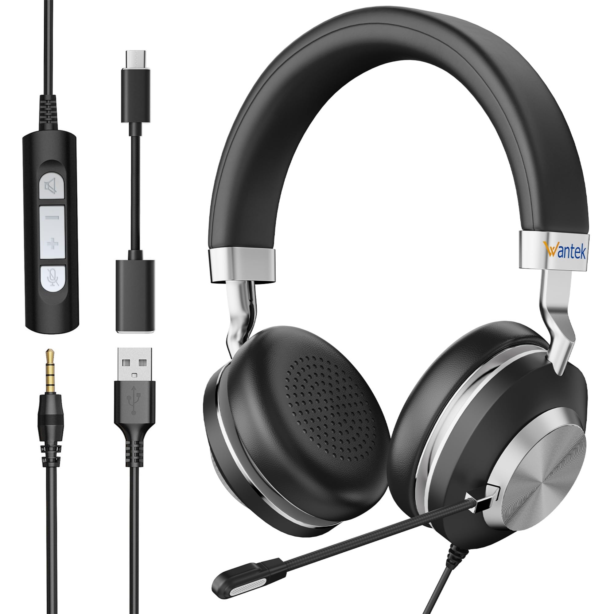 Wantek Cuffie USB con Microfono e Cancellazione Rumore,3-in-1 (USB A/Tipo C/Jack 3,5 mm) Cuffie con Filo per PC,Controllo Volume,Perfette per Call Center, Zoom,Home Office e Lezioni Online