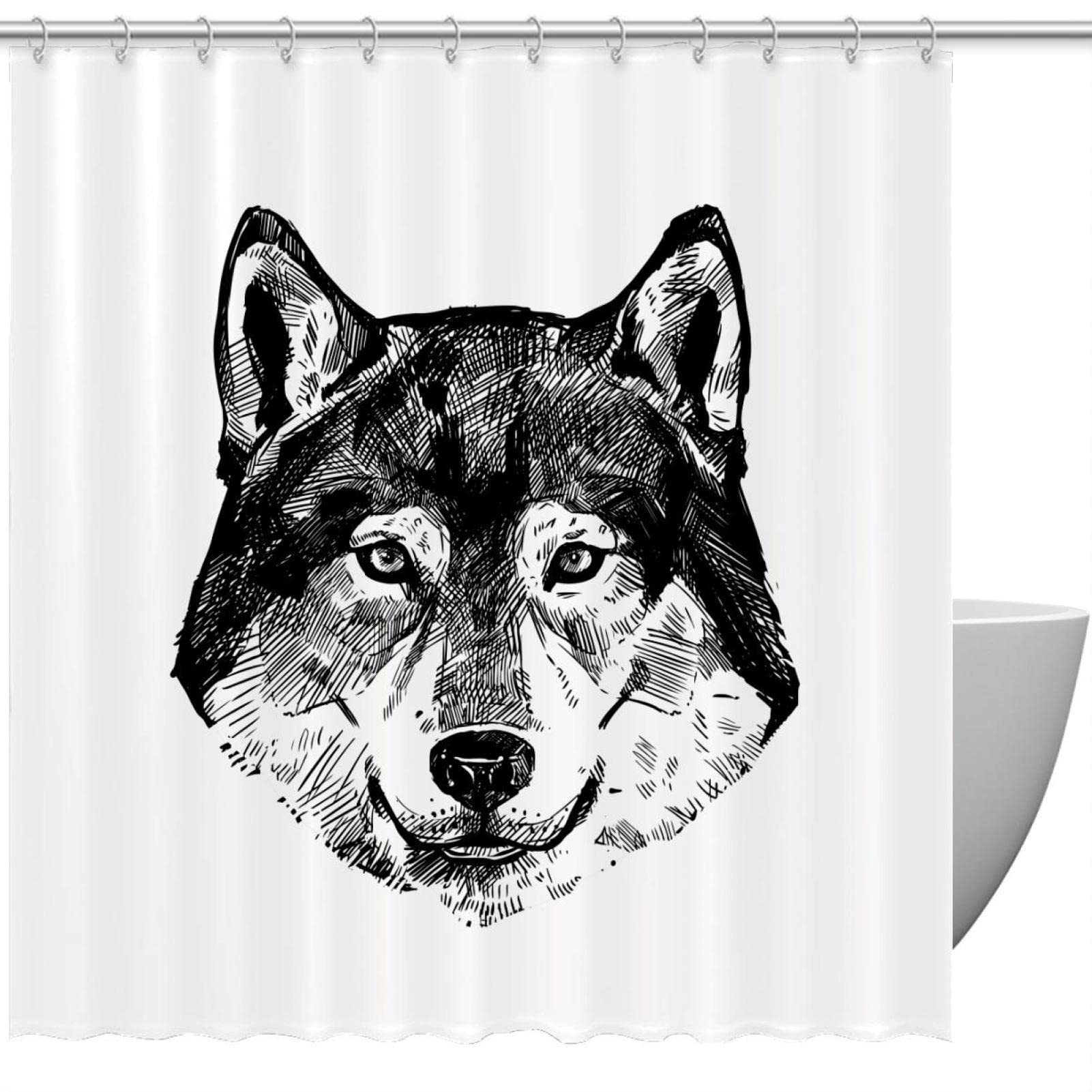 Rideau de douche anti-odeur avec motif loup artistique pour baignoire 182 cm