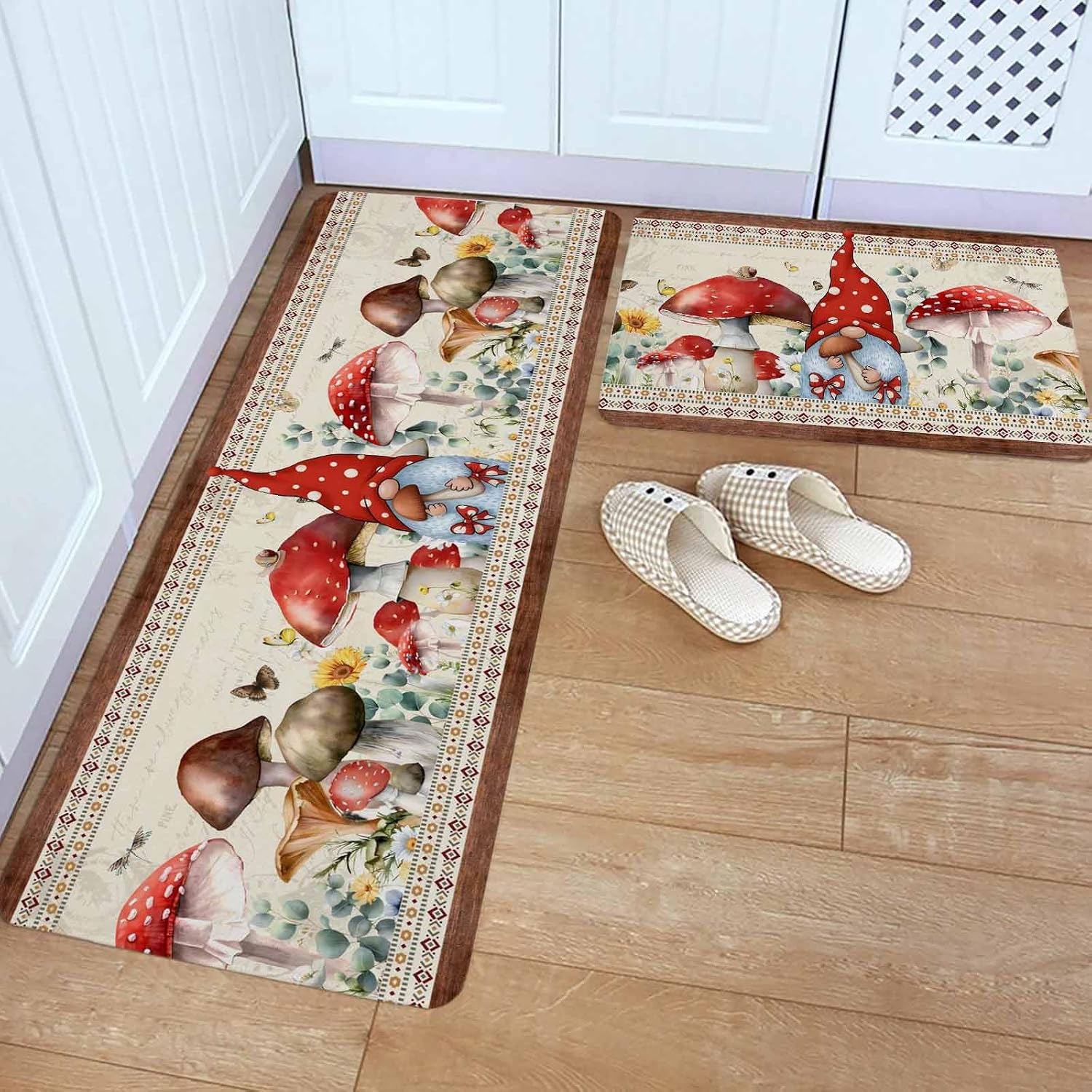 Red Gnomes Mushrooms Kitchen Rugs and Mats Set of 2, Non-Slip Kitchen Sink Mat, Spring Floral Watercolor Botanical Vintage Washable Doormat Bathroom Rugs Runner for Bedroom 17.7"x30"+17.7"x59"