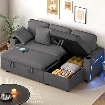 Corner Sofa Bed, L-Shaped Convertible Sleeper Sectional Sofa Bed with Led Lights, USB & Type-C Ports, Storage and Cup Holders, 3 Seater Linen Pull Out Couch Bed for Living Room, Bedroom, Grey