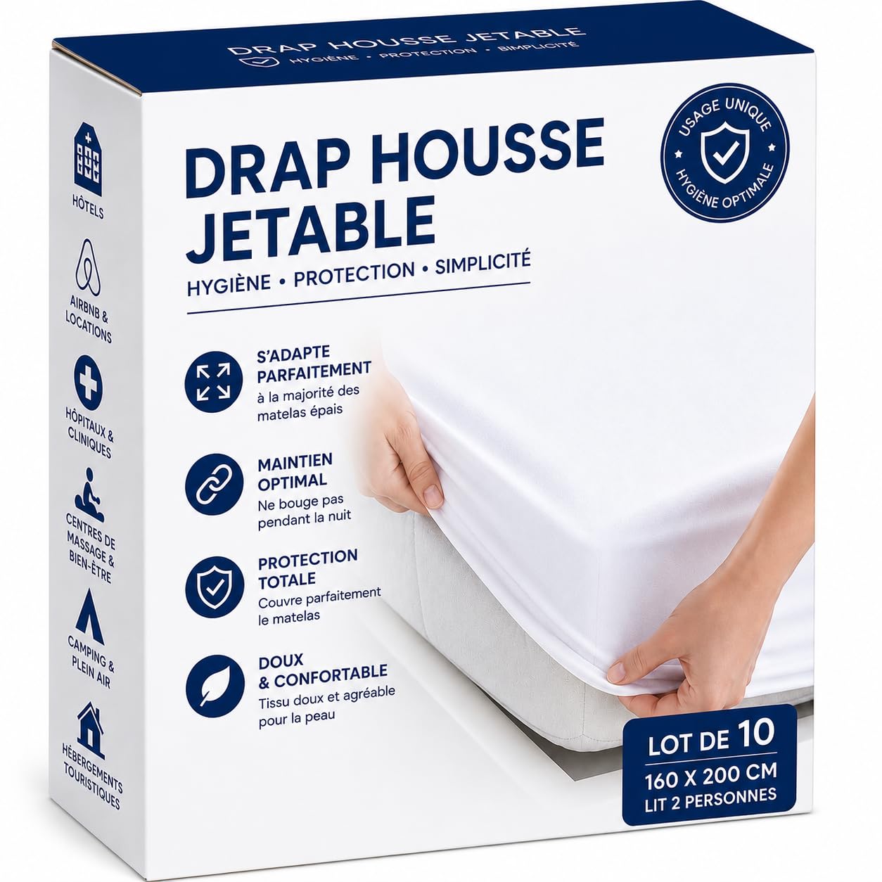 Drap housse jetable 160x200 blanc protection matelas lit double