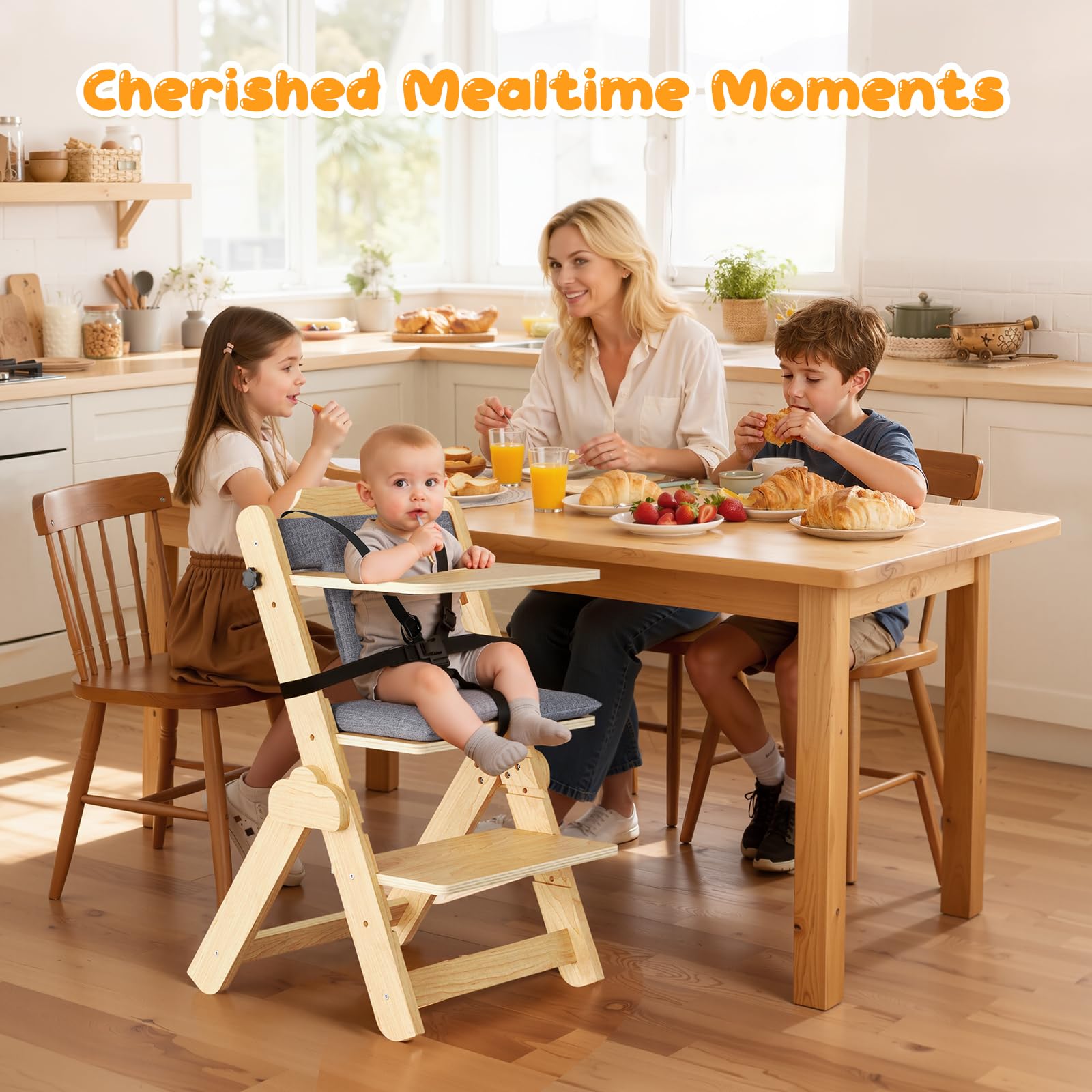 Chaise Haute Bébé Evolutive – Avec Coussin, Plateau Repas, Arceau de Sécurité, Harnais 5 Points et Sangle d’Entrejambe,en Bois Naturel, Chaise d'alimentation, Évolutive, Réglable