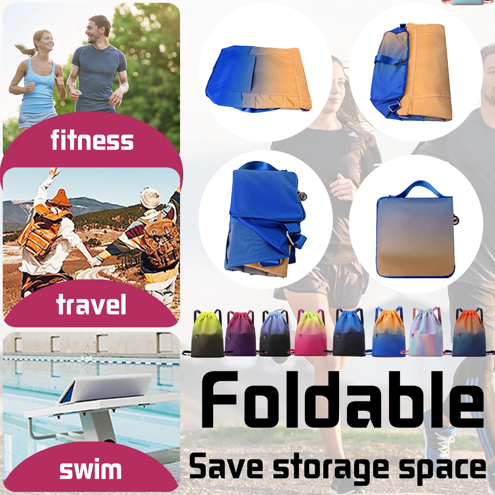 Turnbeutel Sportbeutel Männer und Frauen, Waterproof Colour Gradient Sports Bag, Faltbar Große Kapazität Beutel mit Kordelzug Rucksack, Kordelzugbeutel Herren Mädchen