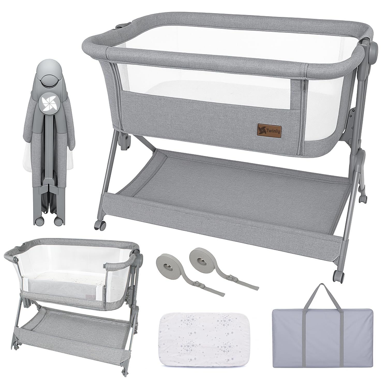 Twinly – Beistellbett Baby Comfortly mit Rollen | Klappbar & Höhenverstellbar (5 Stufen), Atmungsaktiv ab 0+ Monate bis 9 kg, inkl. Matratze, Laken & Tasche – Ohne Montage (Grau)
