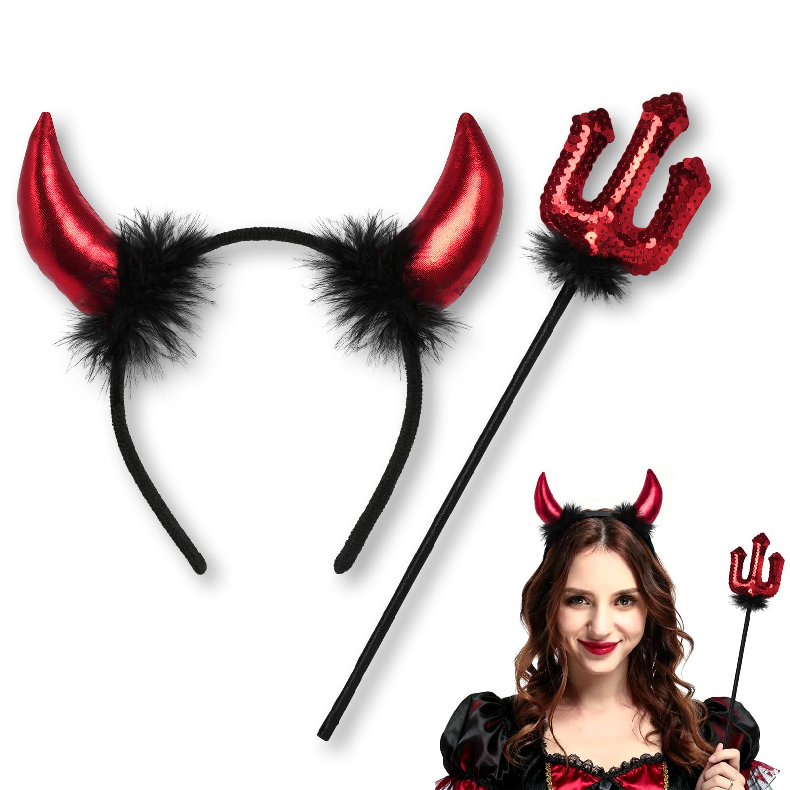HSSPYY Devil Horn Headband & Red Sequin Trident Set – Halloween Fancy Dress Accessory for Adults, Red & Black Devil Costume Kit for Cosplay, Parties & Themed Events
