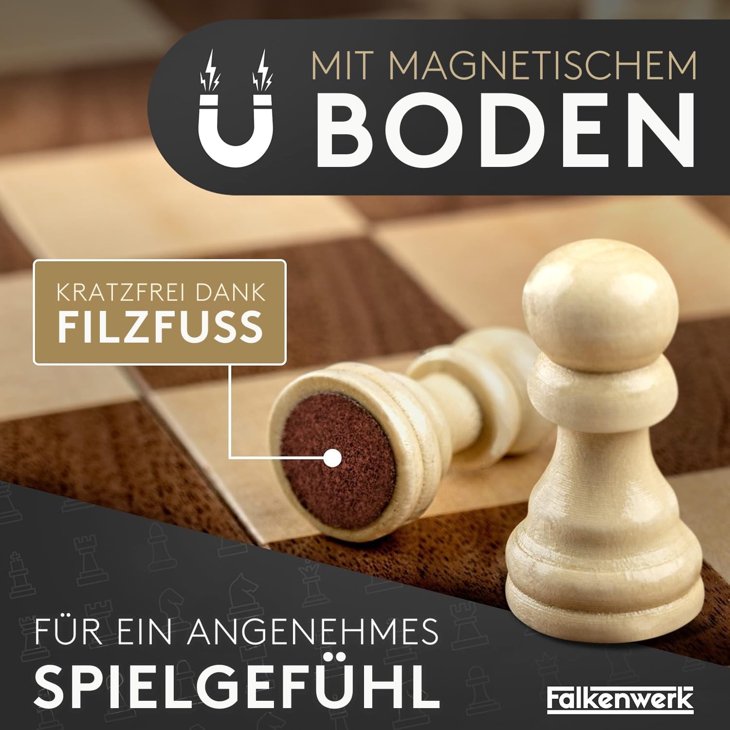 FALKENWERK Magnetisches Schachspiel Holz [38x38 cm] - Handgefertigtes Schachbrett aus Echtholz - Hochwertiges Schach Brett inkl. Anleitung & Tipps - Klappbares Chess Board mit Tragegriff