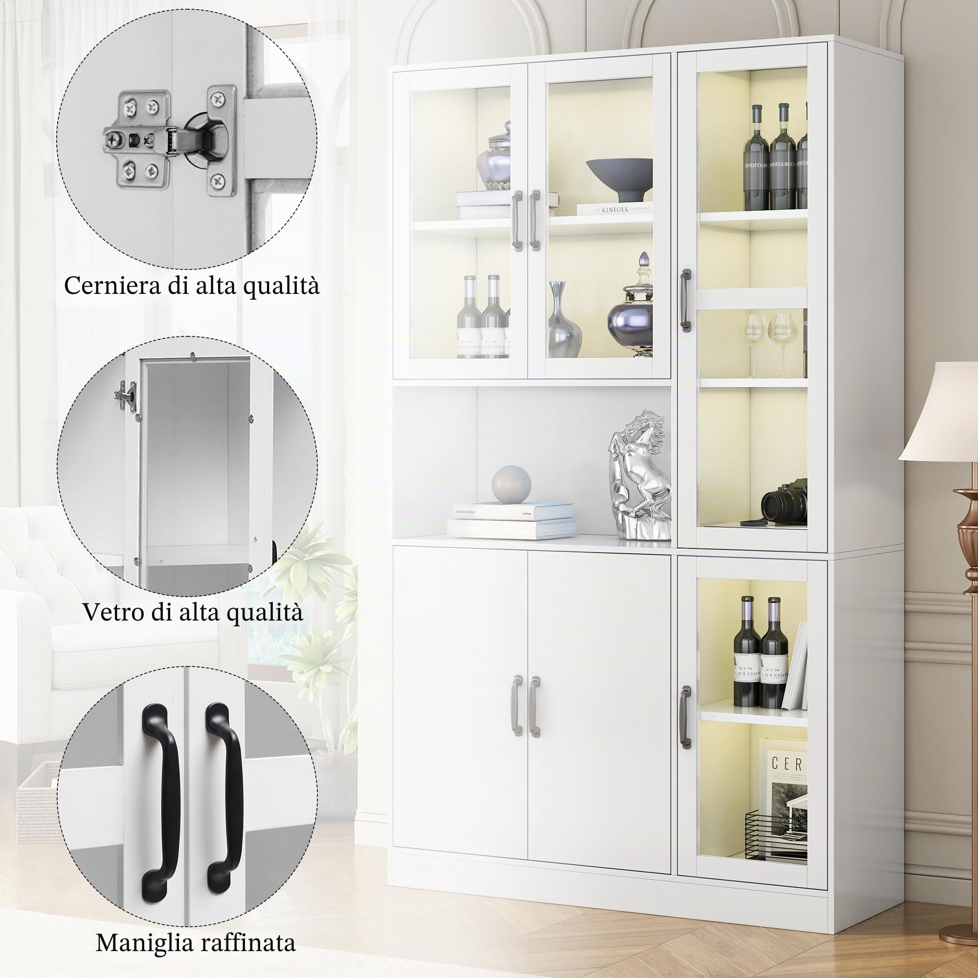 Kebnor Vetrina bianca, scaffali con ante, scaffali da terra per libri, credenza da cucina grande, armadio dispensa, scaffale di lusso con luce LED, armadio vetrina con ripiani (120 x)