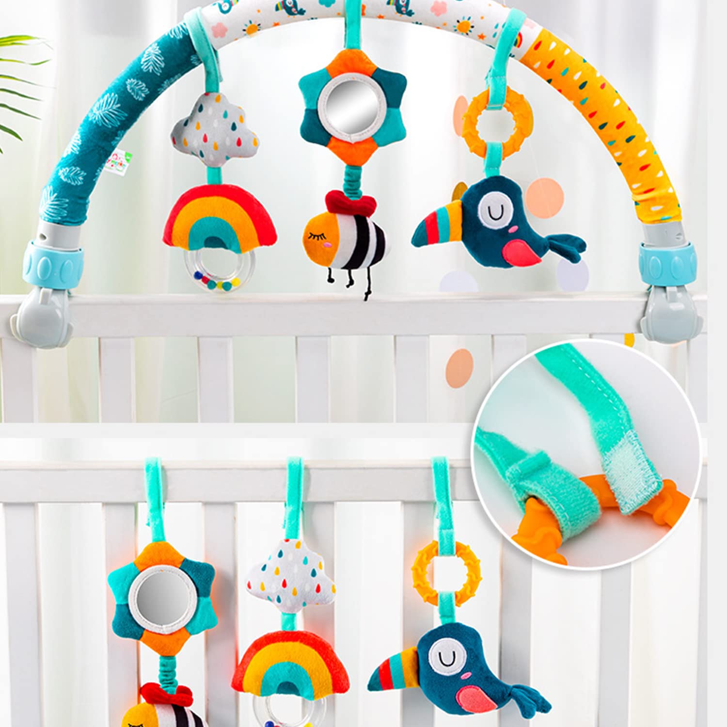 caterbee Barre de Jouets pour balançoire pour bébé, Jouet pour Poussette, Accessoire pour lit bébé et Barre d'activité pour Landau. Arche de Voyage, Jouets pour Berceau pour Tout-Petits.(Sky)