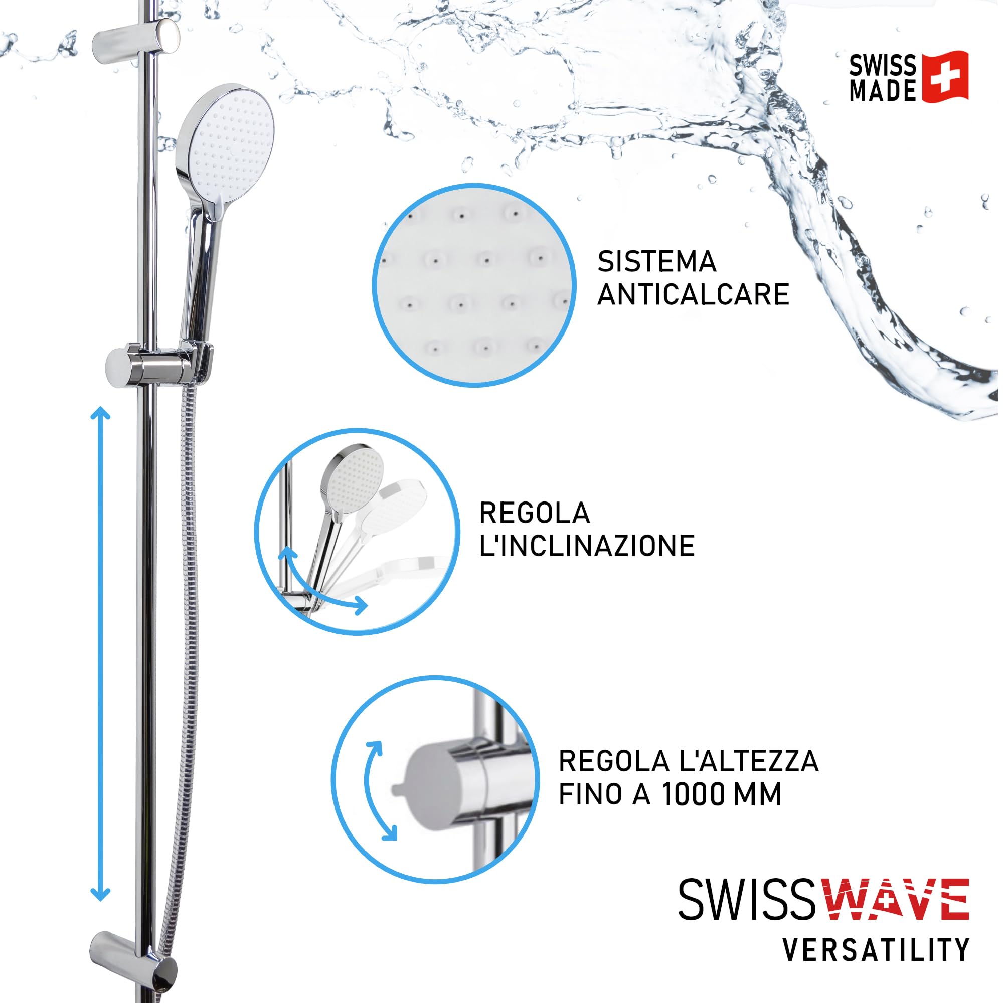 SwissWave - Barra de ducha Reno - Barra de acero inoxidable y soportes de ABS - Diseño moderno de ducha de mano - Fijaciones de pared ajustables para una fácil instalación - Cromado