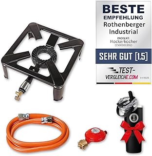 ROTHENBERGER Industrial Hockerkocher inkl. 1,5 m Propan-Gas-Schlauch & Propan-Konstantregler für Camping, Outdoor | ***mit hochwertigem Thermo Kaffeebecher/Getränkebecher 960 ml - auslaufsicher***