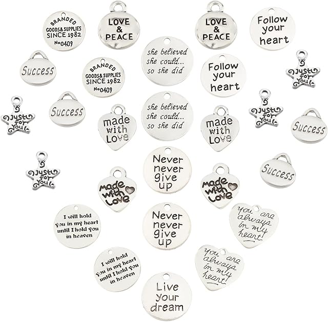 SUNNYCLUE 1 BOX 72Pcs 12 Styles Word Charm Pendant Engraved Motivational Charms Alloy Inspiration Alphabet Flat Round Heart Love Peace Pendants for DIY Making Crafts Supplies, Antique Silver