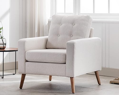 Miniatura 3 de HNY Sillón moderno de mediados de siglo, silla decorativa de lino con botones y brazo, silla tapizada para sala de estar, dormitorio, patas de