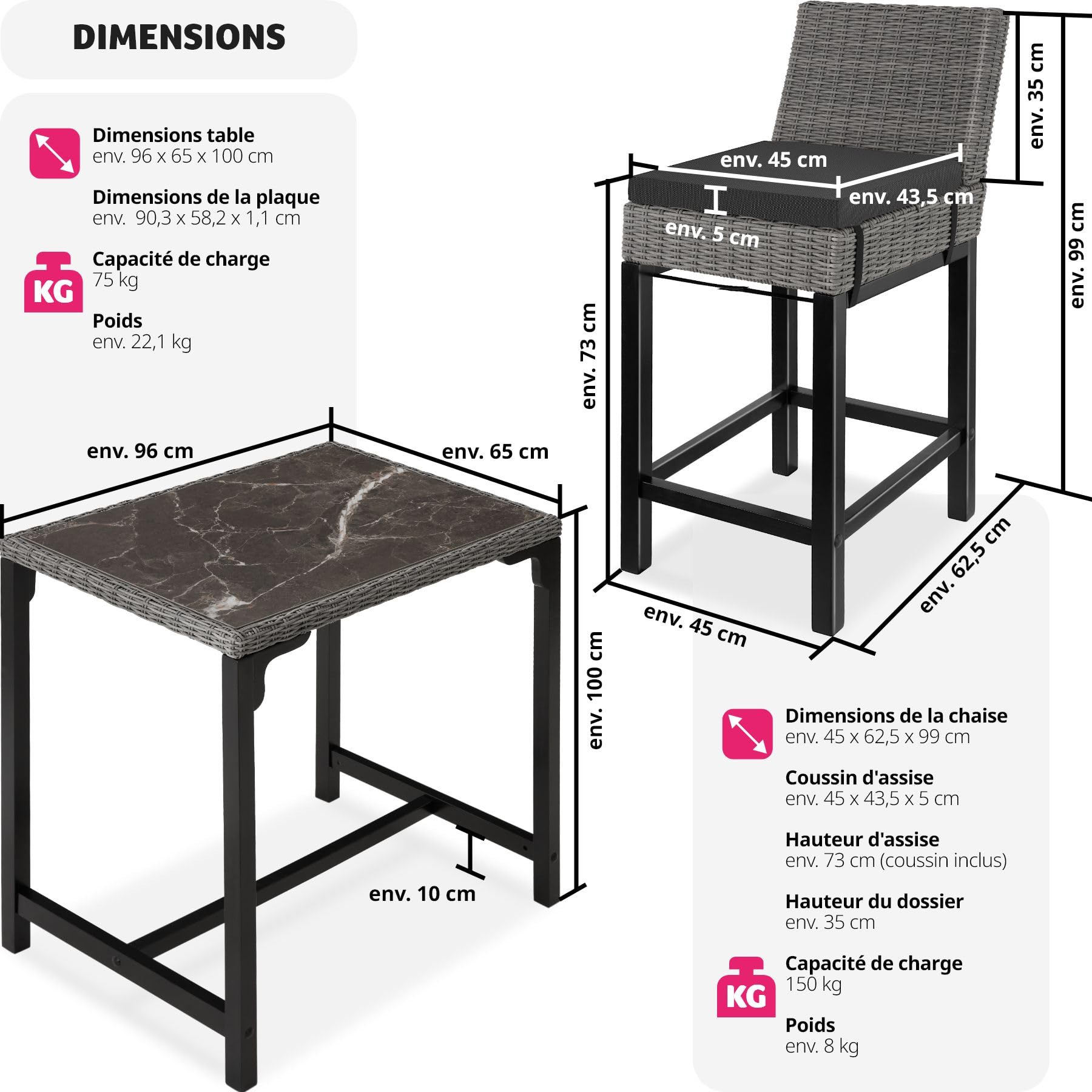 tectake® Ensemble de Bar Extérieur en Poly Rotin 2 Places - Table et 2 Chaises de Jardin avec Coussins Inclus - Mobilier pour Aménagement Balcon