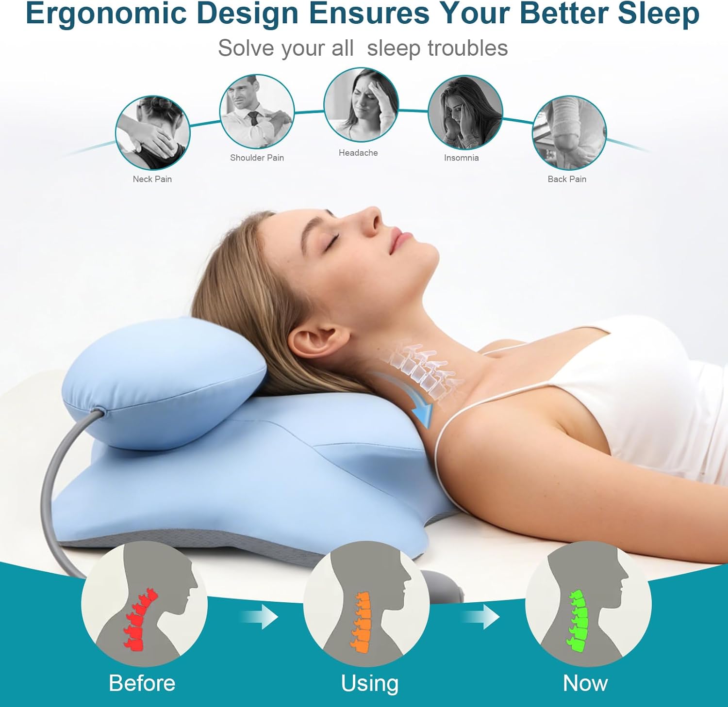 Adjustable Cervical Neck Pillow for Sleeping Neck Pain Relief, Memory Foam Pillow with Cooling Ice Silk Cover, Ergonomic Neck Support for Sleep Apnea, Side Sleeper