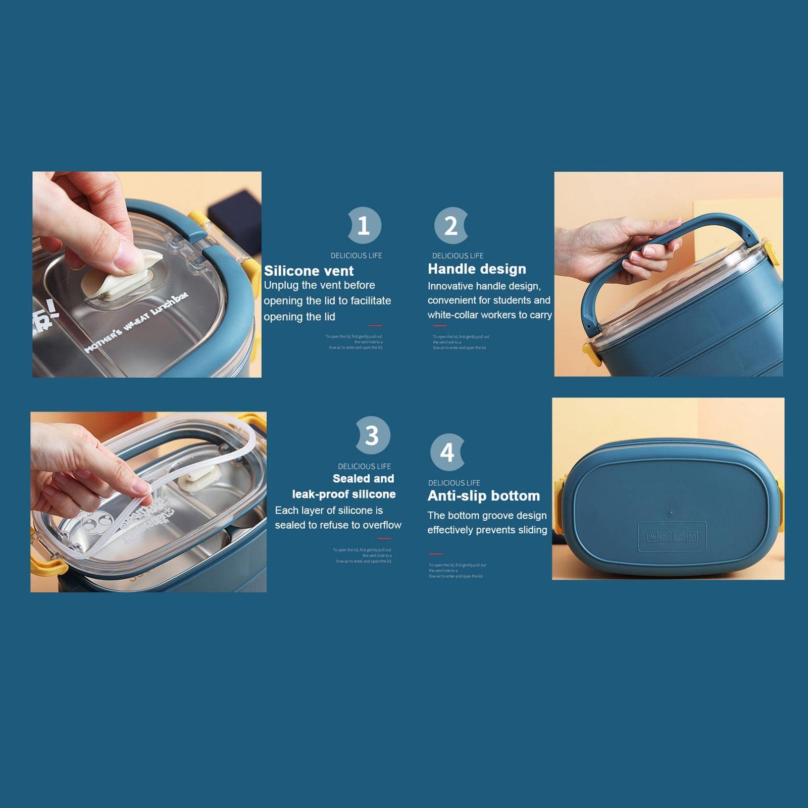 Bento-Box, auslaufsicher, BPA-frei, Edelstahl, Thermo-Lunchbox, Picknick, Reisen, 2-lagig, blau, dunkelblau, 2 Stück