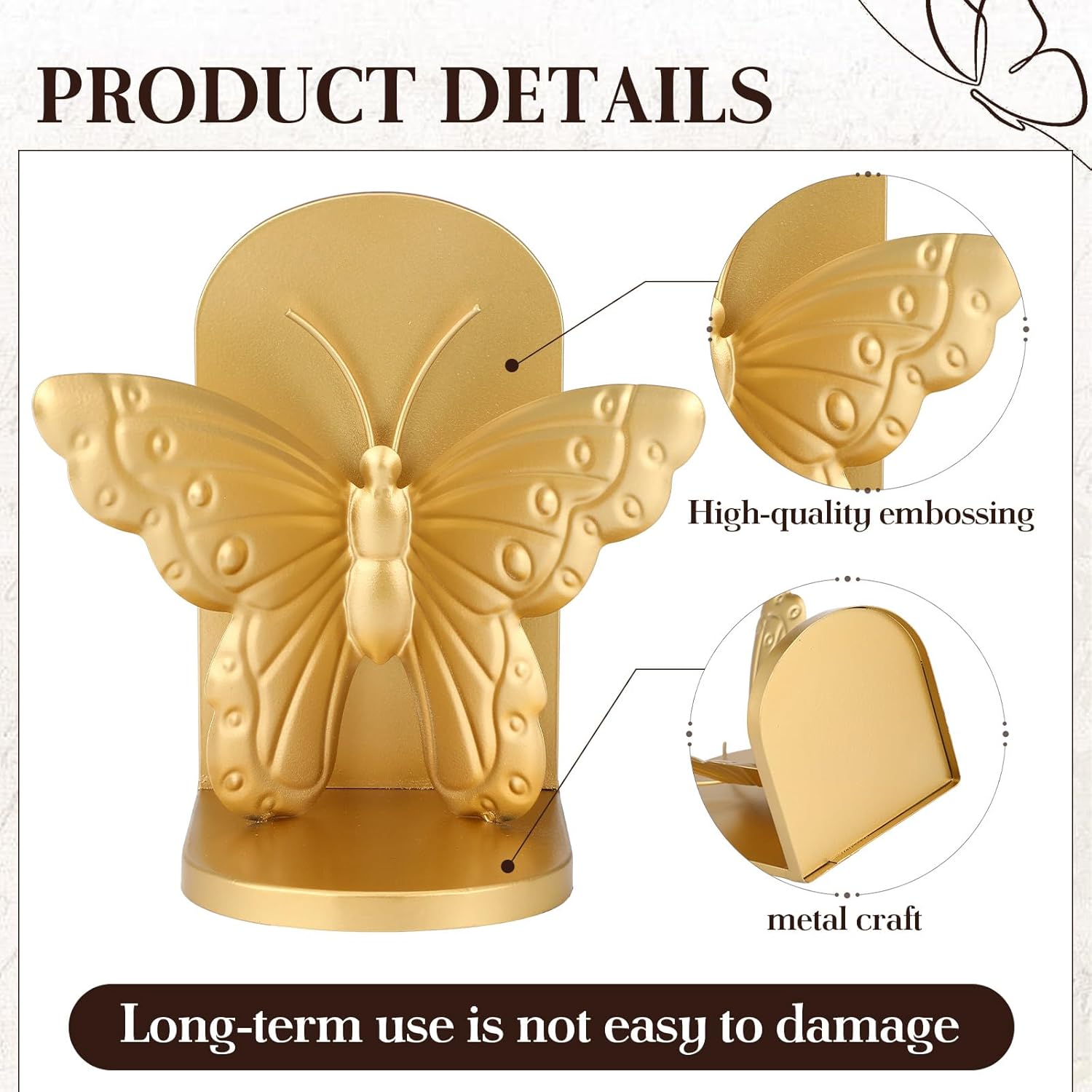 2 Pcs Vintage Butterfly Bookends Metal Butterflies on Stands with Gold Finish, 7" Tall Heavy Duty Decorative Book Ends, Book Stopper Holder Decor for Desk Home Office Shelf Decorations