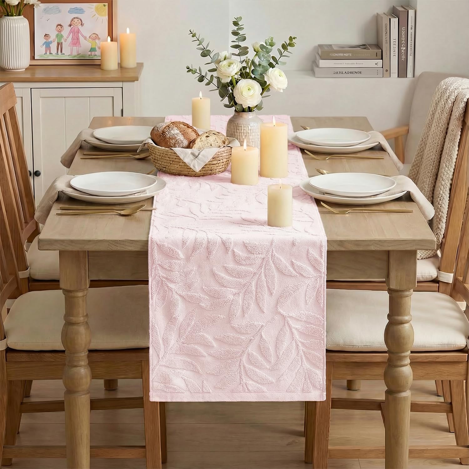 Condition photo showing Brand New for artoid mode pink soft cotton jacquard leaves spring table runner, holiday kitchen dining table decoration for home party decor 13x72 inch
