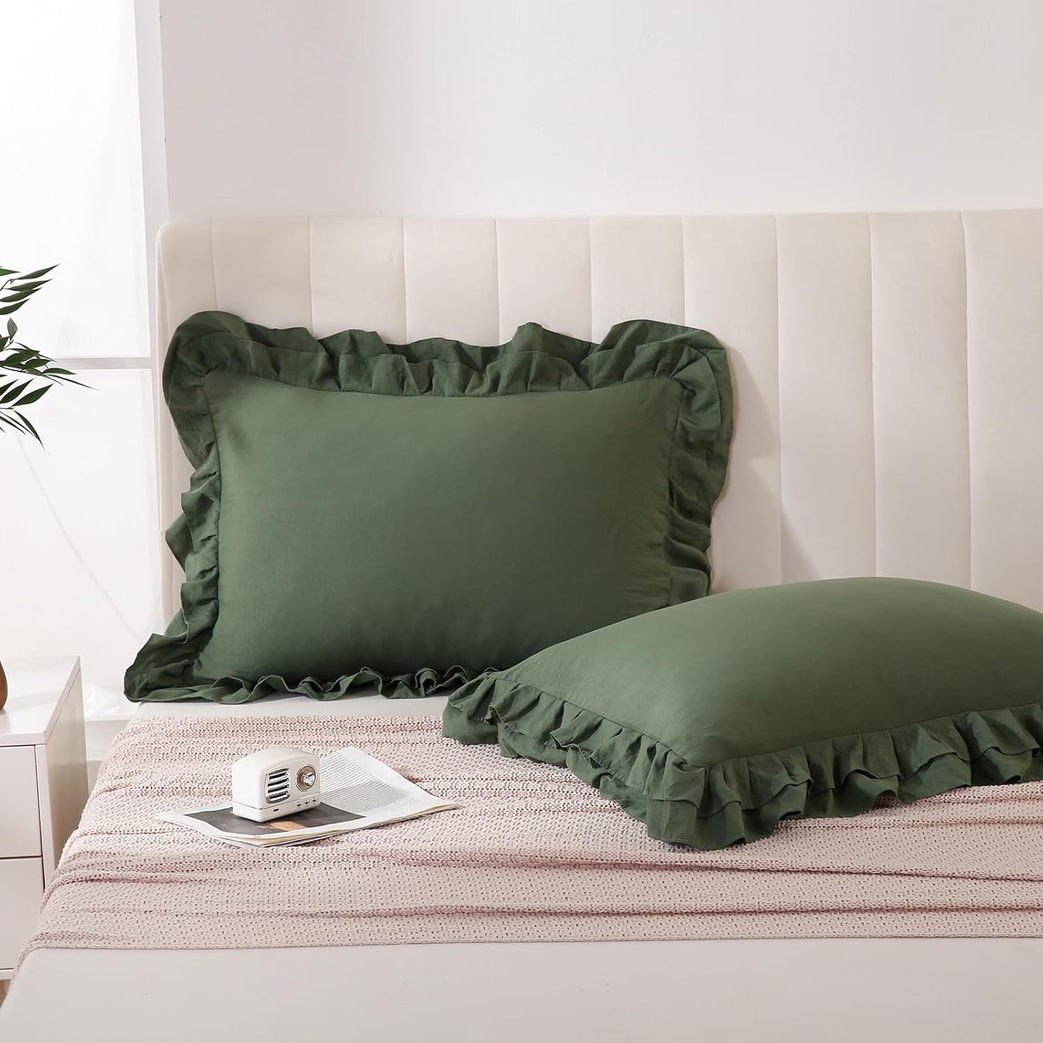 Bedbay Olive Green Pillow Cases Queen Size Set of 2,Ruffle Pillow Shams,Shabby Chic Pillow Cases Standard Size,Vintage Ruffled Decorative Pillow Covers,Soft Microfiber Boho Bed Pillowcases 2 Pack