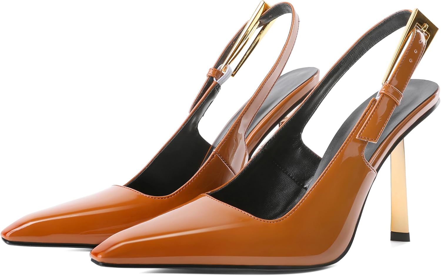 Eldof Slingback Heels for Women Metallic Buckle Square Toe Slip On Gold Stilettos High Heel Pumps Shoes Dressy 4 Inches