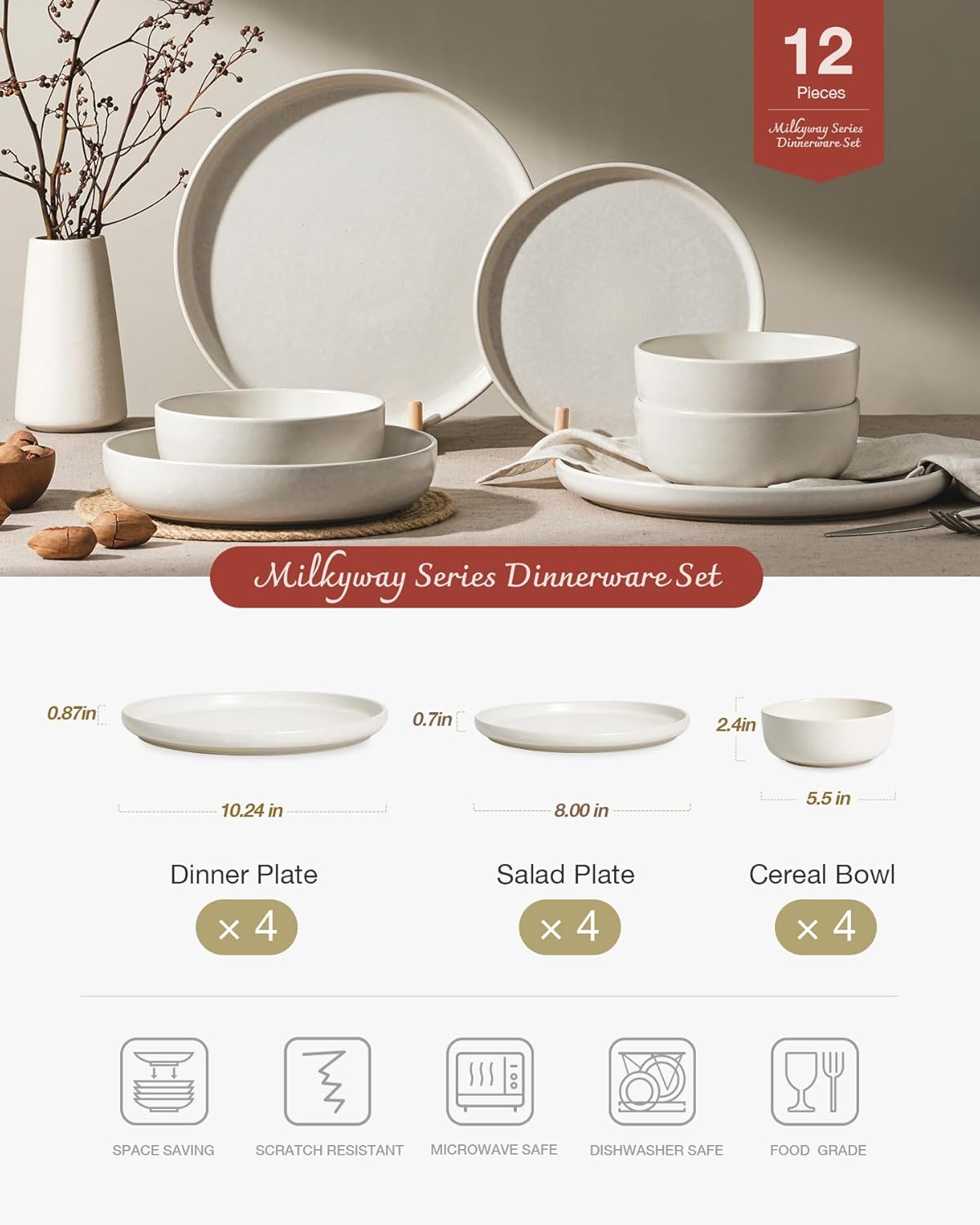 famiware milkyway plates and bowls sets, 12 pieces dinnerware sets, reactive glaze dish set, stoneware dishes set for 4, matte beige white matte beige white 4-set(12pcs)