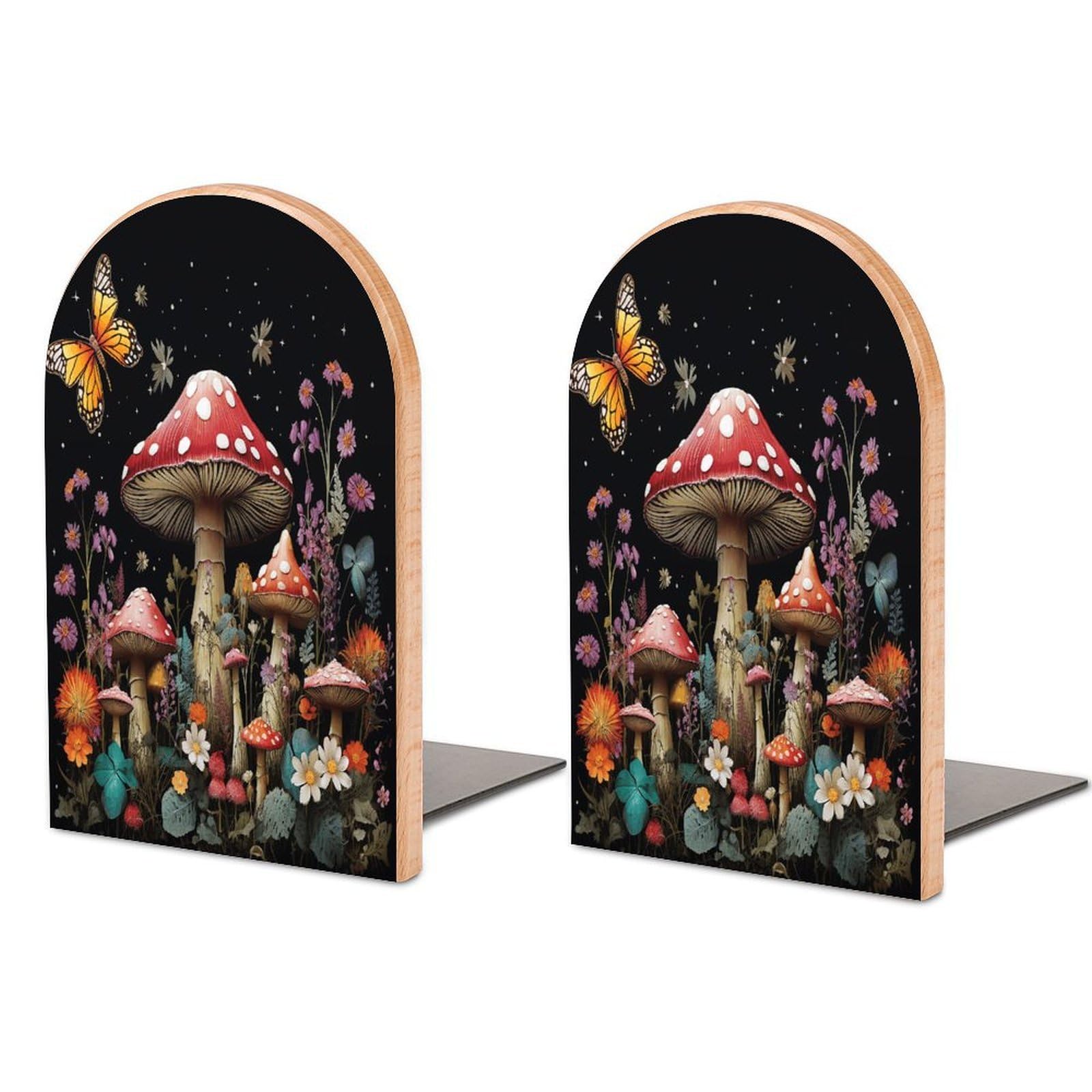 Mushrooms and Butterflies on Black Background Bookend Non-Skid Wooden Bookends for Shelves Heavy Duty Wood Book Ends Decorative Book Stopper Book Stand Non-Slip Book Organizer for Home Office Library