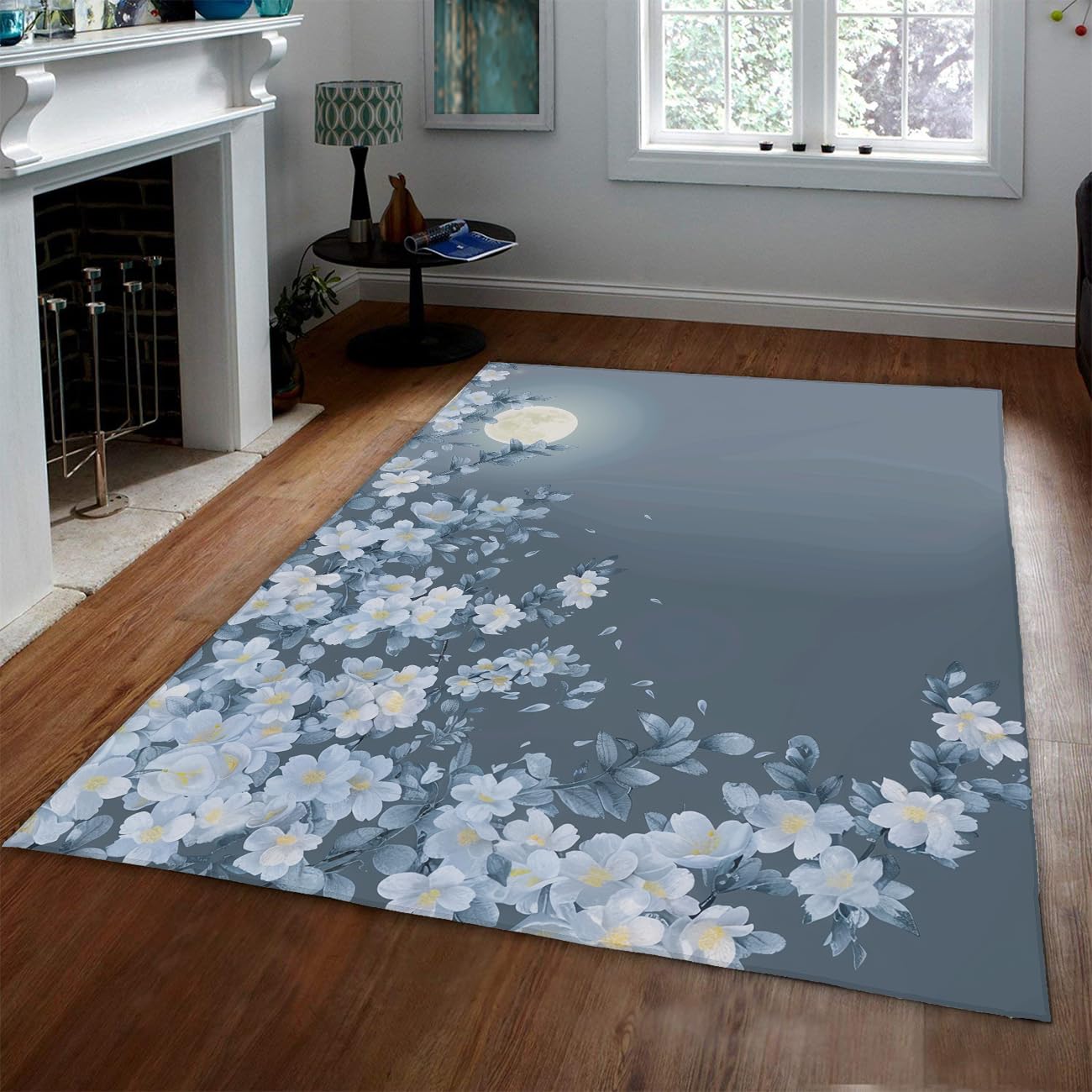 Area Dywan 160 x 230 cm, duży, miękki, nadaje się do prania, motyw kwiatowy, antypoślizgowy, nie przesuwa się, dywanik do wnętrz, do sypialni, jadalni, na farmie, pokoju dziecięcego, biura, niebieski