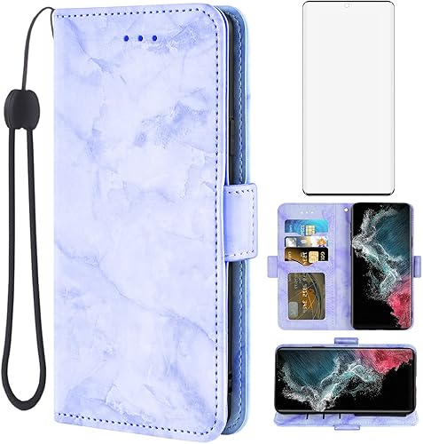 Asuwish Funda de teléfono para Samsung Galaxy S23 Ultra 5G con protector de pantalla de vidrio templado y cubierta de cartera de mármol, soporte