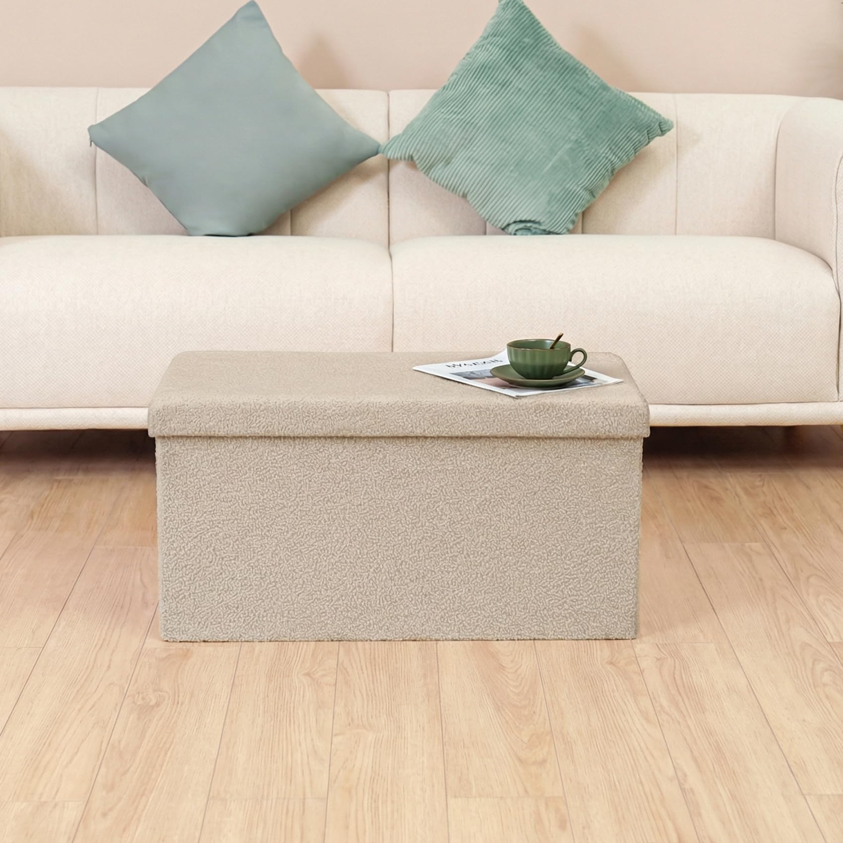 Bonlife Faltbarer Sitzhocker mit Stauraum, Faltbare Sitzbank, Webpelz Fußbank Truhen Aufbewahrungsbox, Fleece, Beige,80x40x40cm