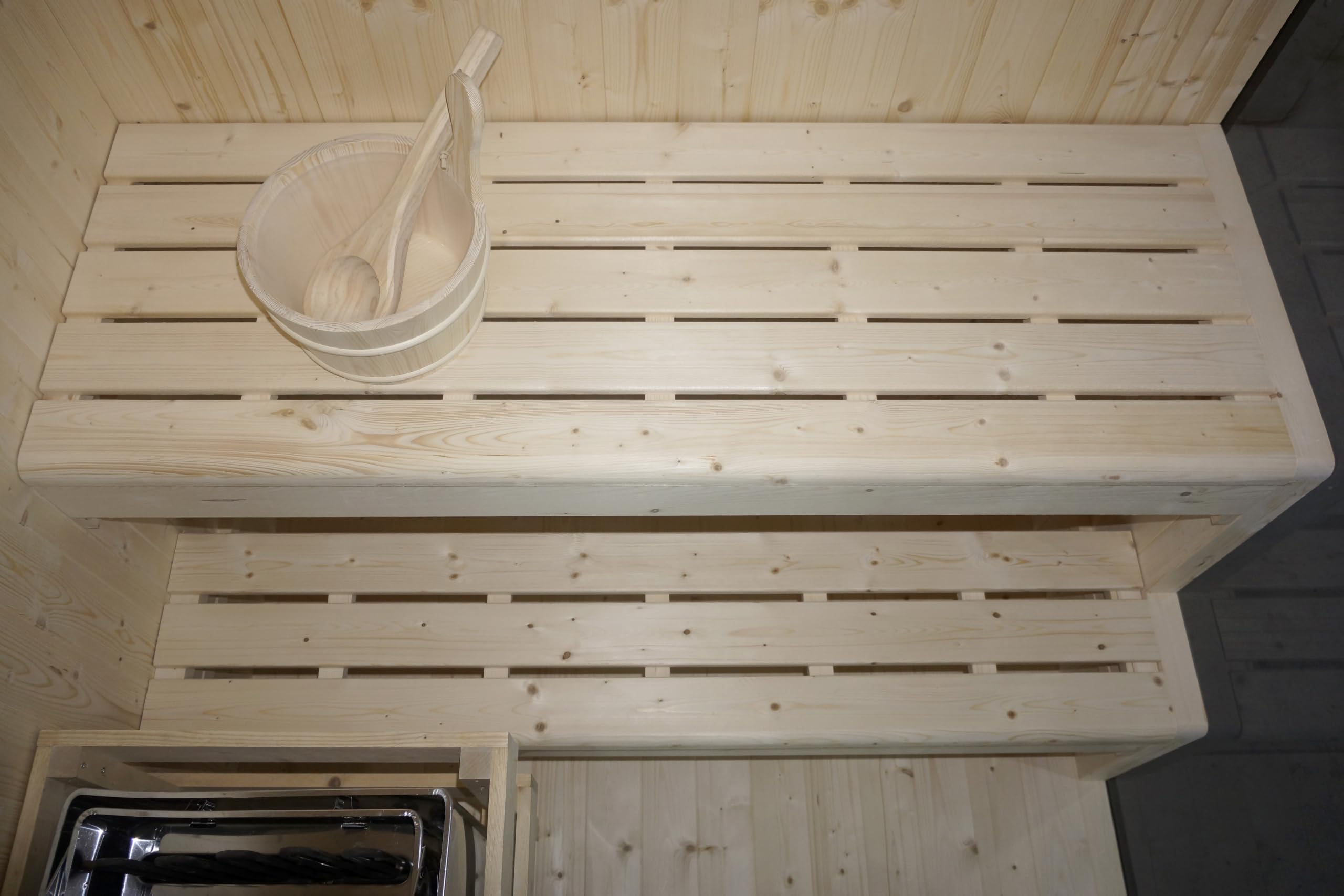 SANOTECHNIK Sauna FALUN L für 2–3 Personen, Innensauna aus Fichtenholz mit 4,5 kW Harvia Saunaofen, Saunasteine & Zubehör, getöntes Sicherheitsglas, 150 x 120 x 200 cm