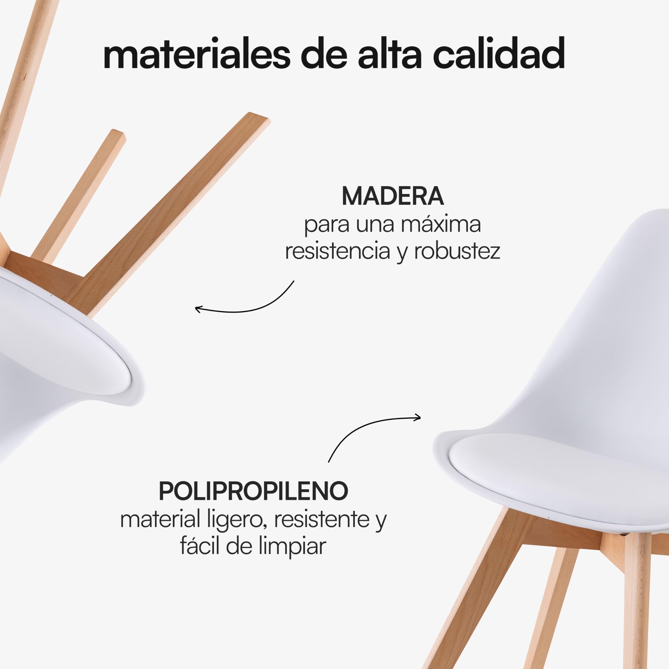 Baroni Home Silla de Comedor o de Trabajo con Patas de Madera, Silla Ergonómica con Cojín Integrado, 50X48X82 cm (Blanco, 4)